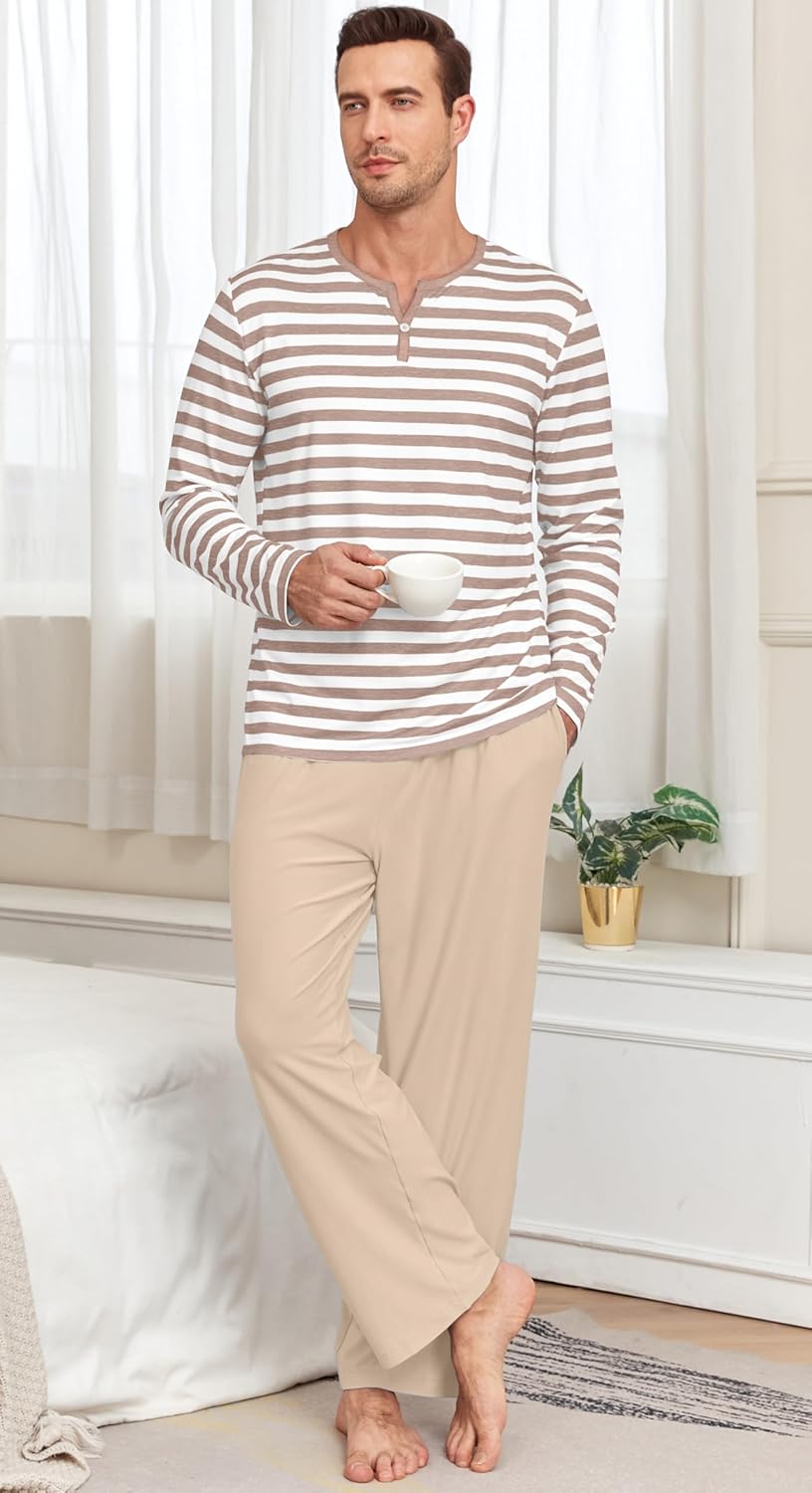 PrinStory Men's Pajamas Set Long Sleeve Pjs 2 Piece Comfy Pajama Sleepwear Henley Loungewear Sets with Pockets - Image 5