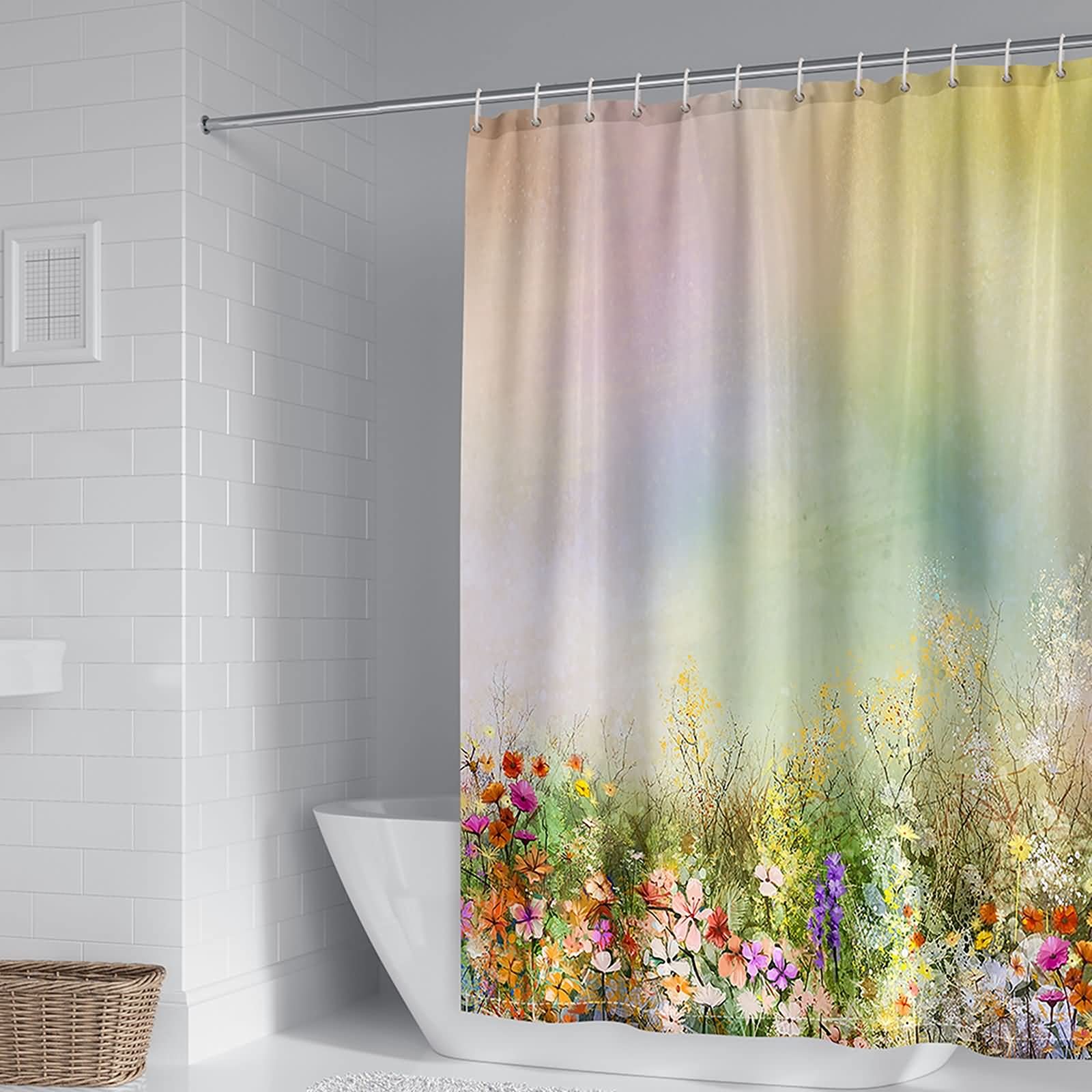 Rideau de douche 165x180cm multicolore fleurs et herbe en polyester
