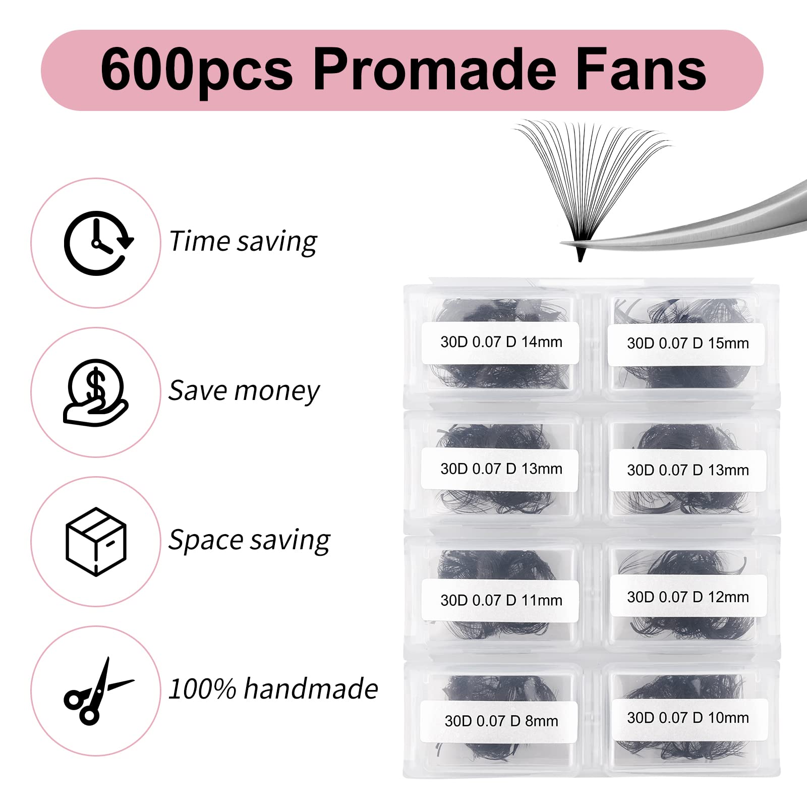 Fadlash Promades Eyelash 30D 0.07mm D Curl Volume MIX 8-15mm 600pcs Lash Extensions Loose Fans Pre Made Volume Lashes - Image 2