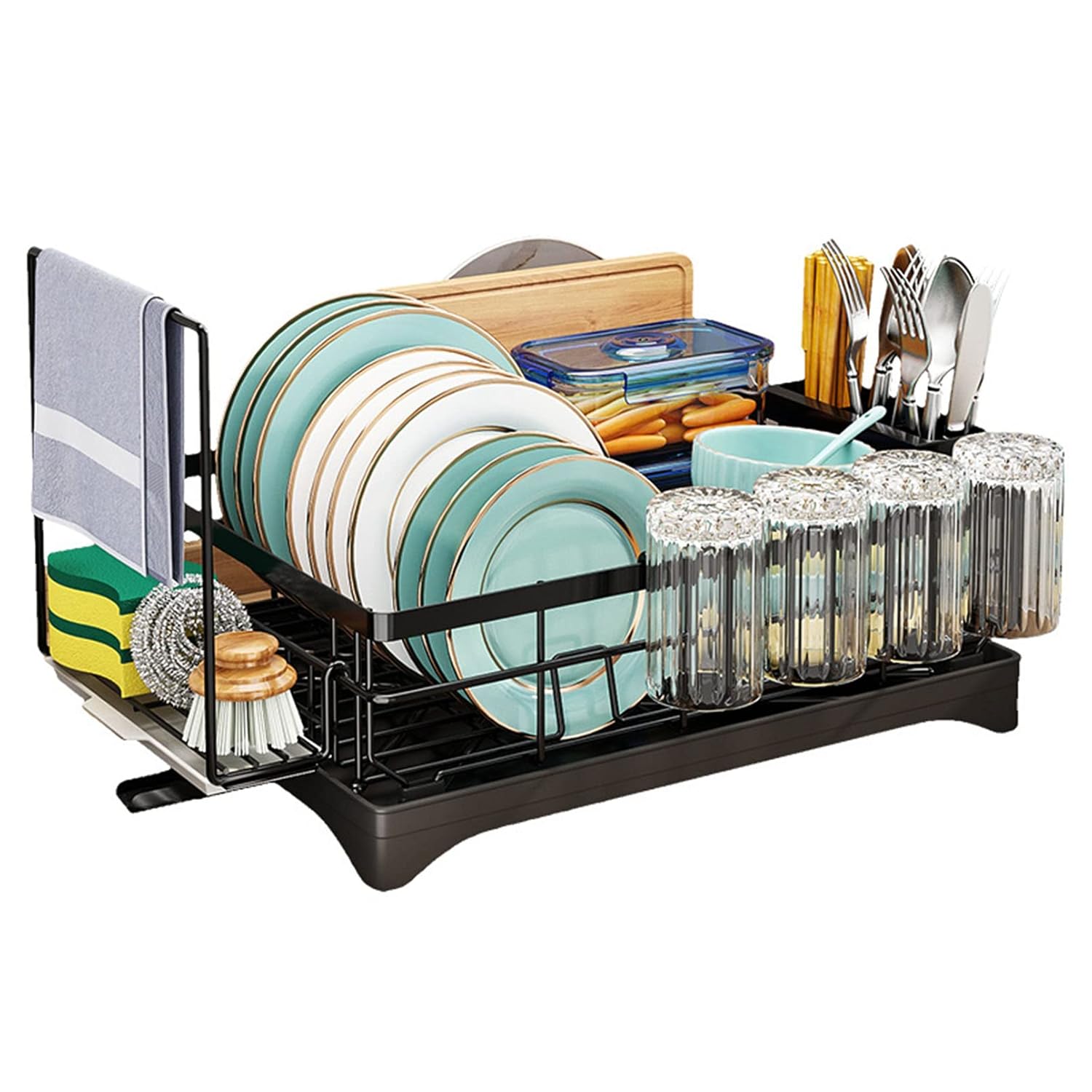 Multifunctional Large Dish Drying Rack Sink Caddy Sponge Holder Carbon Steel Sink Basket Brush Holder Dish Cloth Hanger