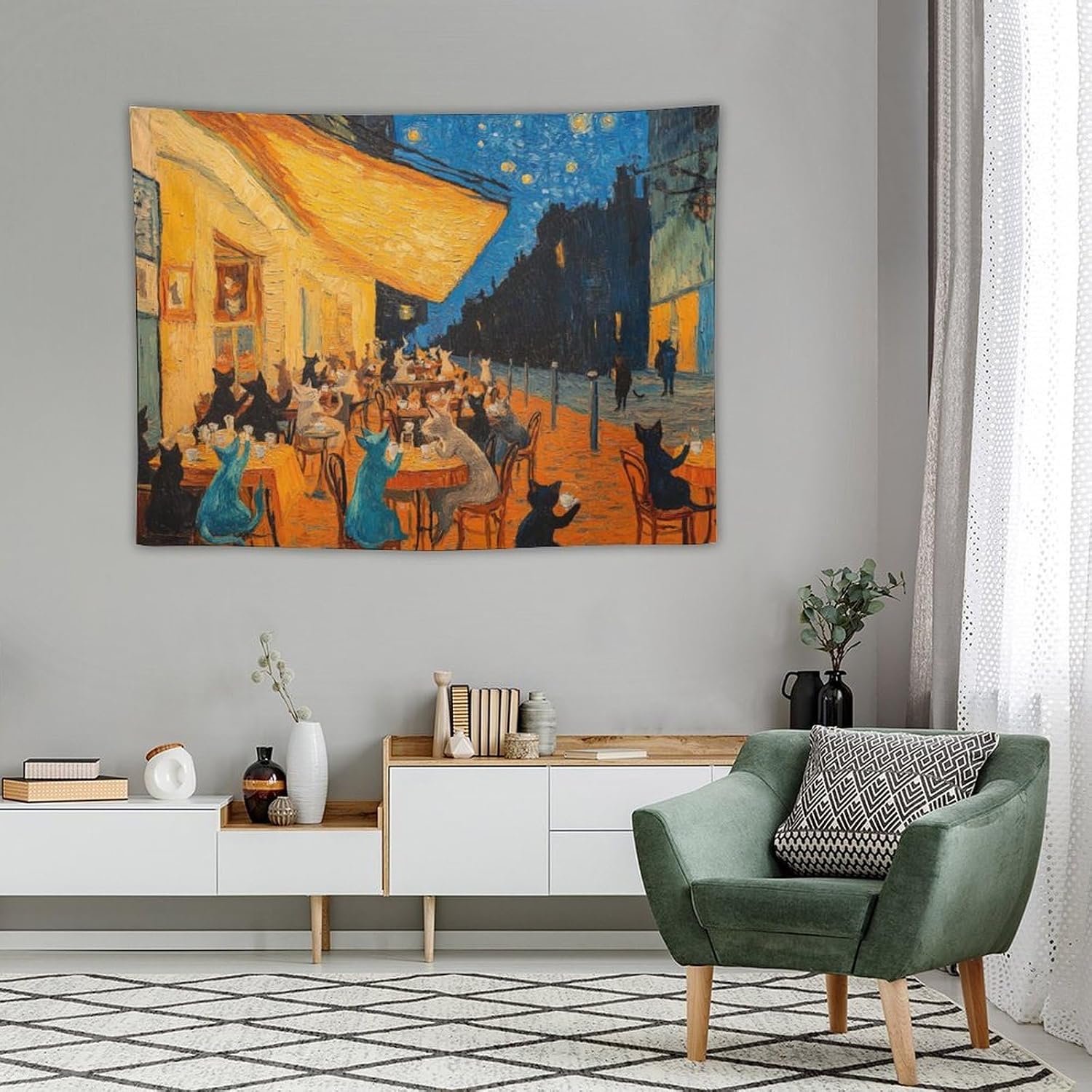 ZHXZYY Cat Tapestry Wall Hanging - Van Gogh Style Funny Cat Art, Aesthetic Wall Decor for Bedroom, Dorm Room, Living Room, Soft Lightweight Polyester, 30"x40" image 4