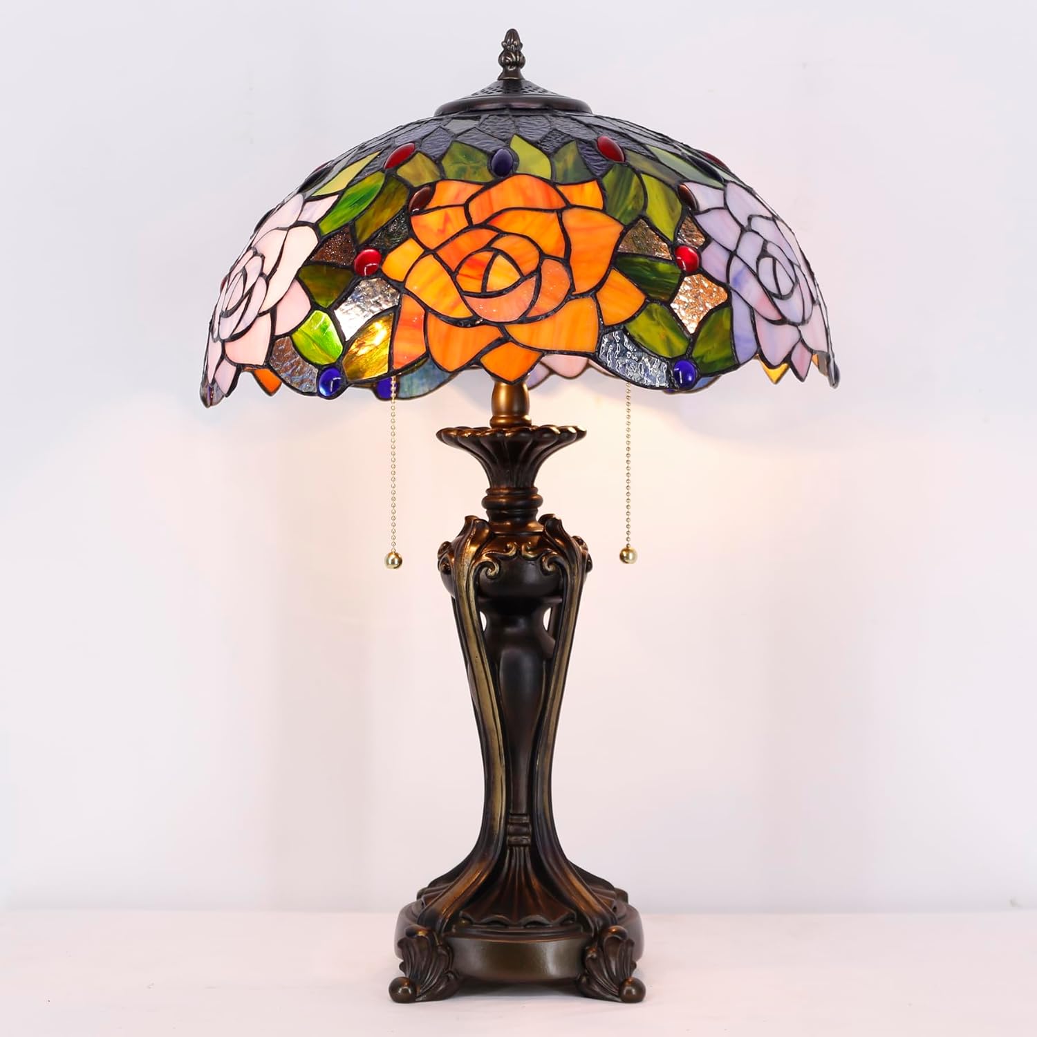 Tiffany Lamp(2 Lights) Stained Glass Table Lamp Bedside Desk Reading Light 16X16X24 Inch Decor Bedroom Living Room Home Office (Purple Orange Rose)