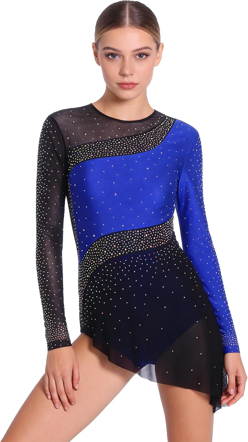 Linjinx Women Gymnastics Figure Skating Dress Rhinestone Color Block Competition Costume Performance Dress
