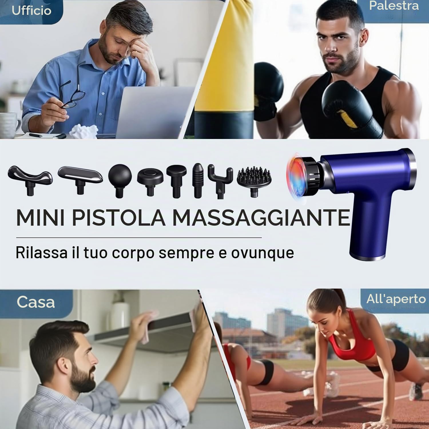 Pistola da massaggio con calore e freddo, testine di ricambio, massaggiatore per tessuti profondi, batteria da 3600 mAh, ampiezza 10 mm, massaggiatore muscolare a percussione per casa, ufficio