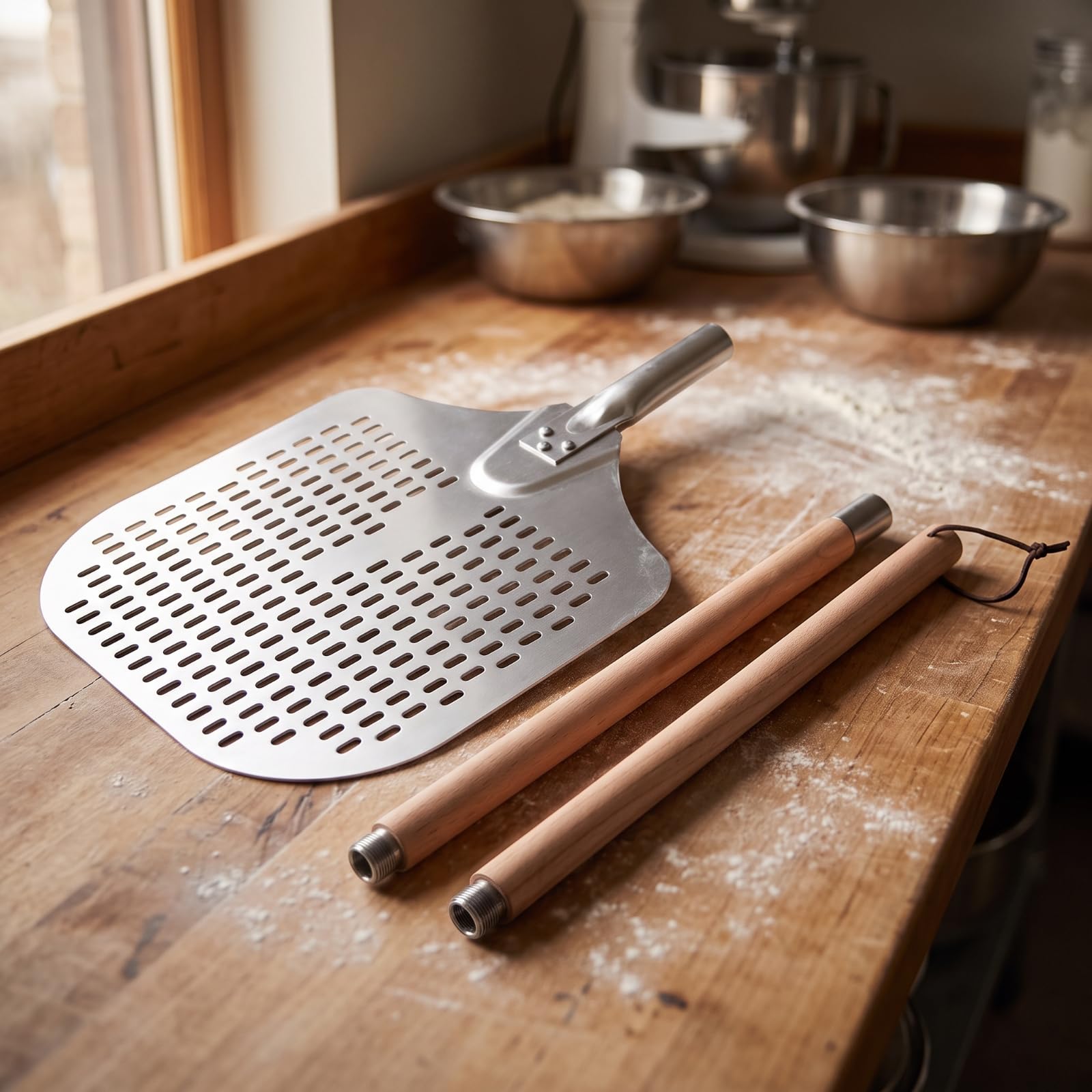 Pizzaschaufel Abnehmbar Aluminium, 16 Zoll, Groß, 2-Teilig, 142 Cm Gesamtlänge, Quadratisch, Mit Löchern