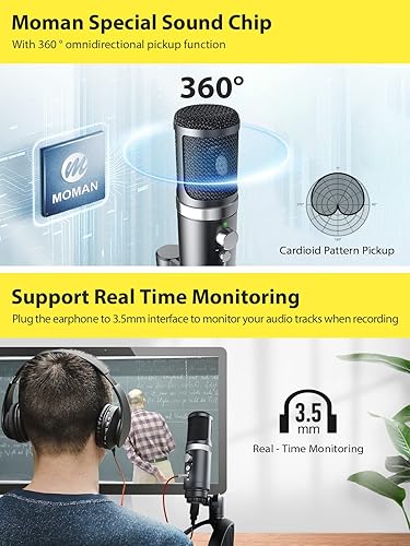 Miniatura 5 de Moman Micrófono para podcast, micrófono USB PC Plug & Play Windows Mac Laptop Patrón polar cardioide perfecto para grabar YouTube Zoom YouTube