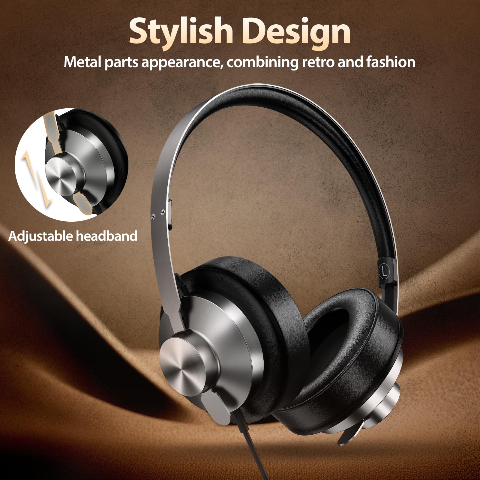 INFURTURE Cuffie over-ear cablate con design ergonomico USB-C con memory foam, suono e struttura in metallo resistente, perfette per pendolari, giochi, uso in studio, viaggi, escursionismo, sport