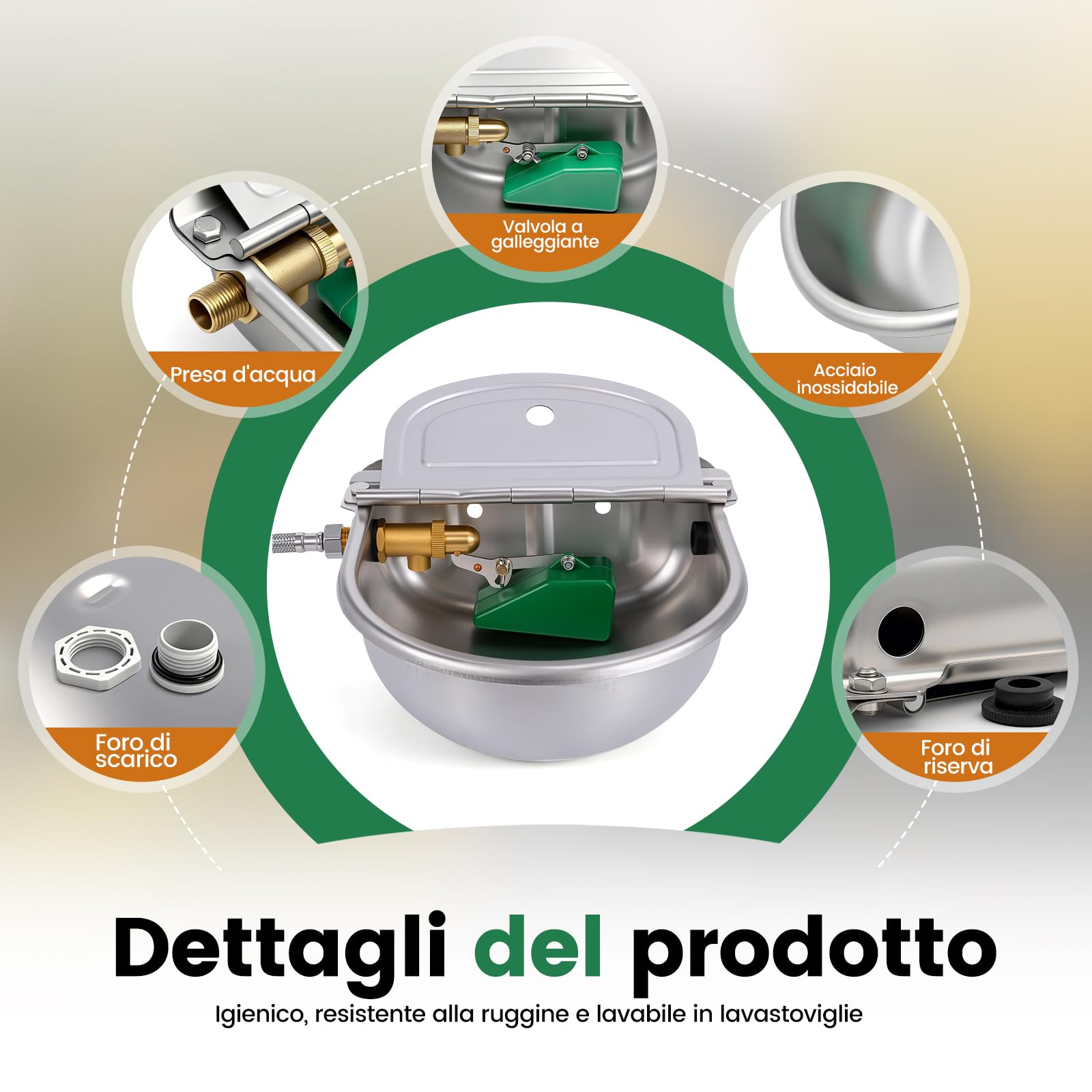 Abbeveratoio Automatico in Acciaio Inossidabile, 4L Abbeveratoio per Cavalli con Valvola Galleggiante in Ottone e Foro di Scarico, Adatto per Cavalli, Bovini, Capre, Pecore e Cani