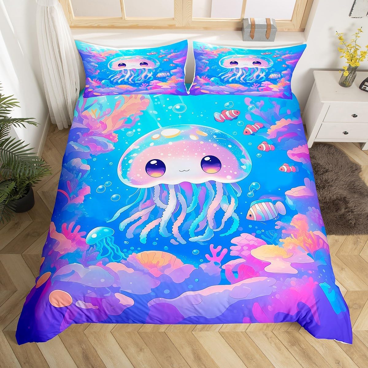 Kawaii Jellyfish Duvet Cover Set Toddler Size,Cute Fish Coral Sealife Print Reversible Quilt Cover for Kids Boys Girls Cartoon Underwater World Blue Bedding Set with 1 Pillowcase,No Comforter