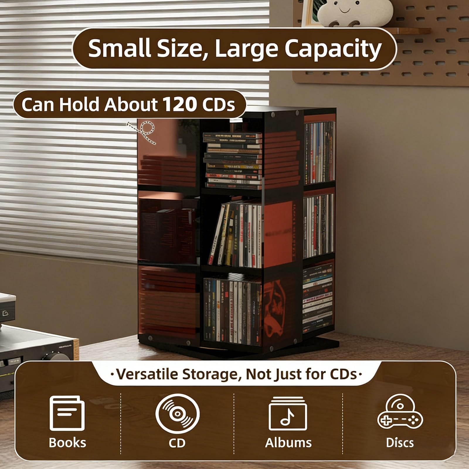 Porta CD Tower – Supporto girevole per DVD, design a 360°, contenitore aperto su 4 lati, contiene 120 CD, ideale per soggiorno e casa, finitura con venature del legno