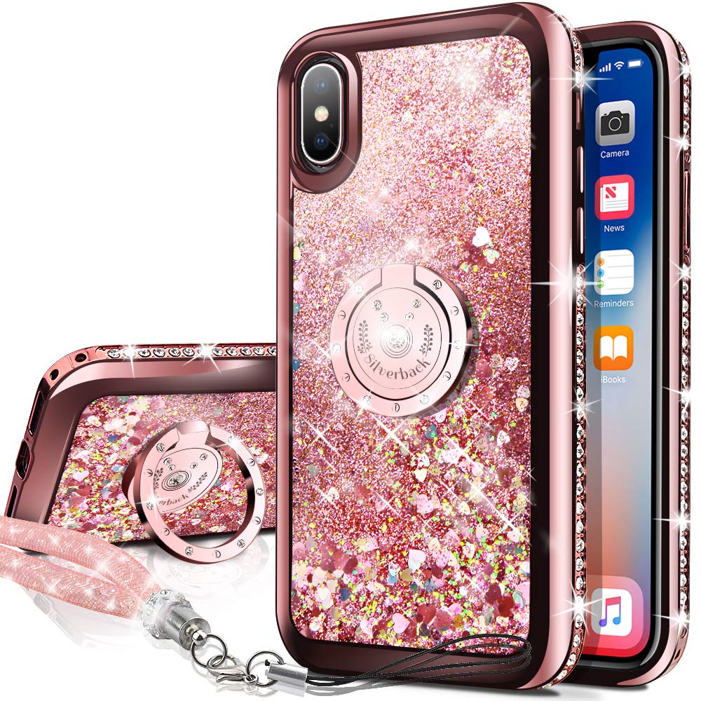 iPhone X Case, iPhone Xs Case, Silverback Moving Liquid Holographic Sparkle  Glitter Case with Kickstand, Bling Diamond Ring Stand Slim Protective