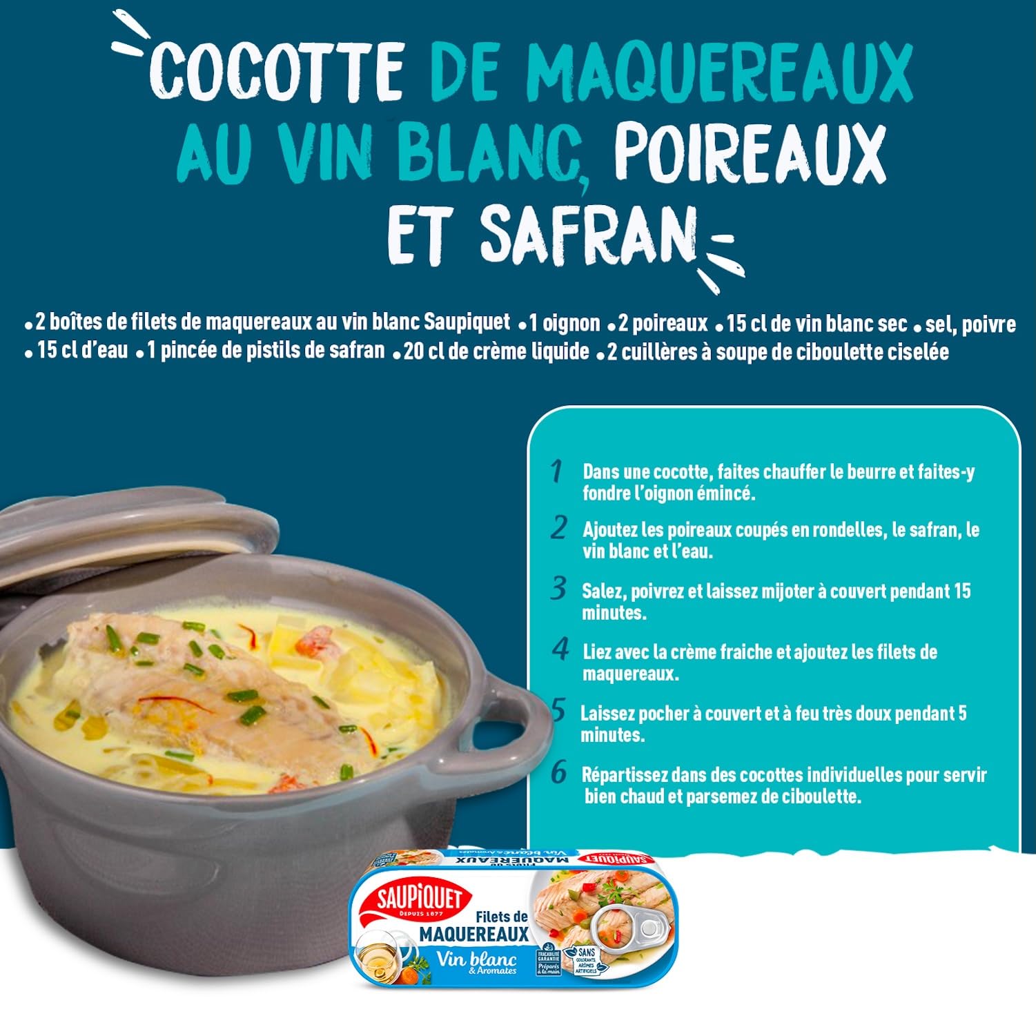 SAUPIQUET - Filets de Maquereaux au Vin Blanc & Aromates - Riches en Oméga 3 - Issus d'une Pêche Traçabilité Garantie - 10 Conserves (176 g)