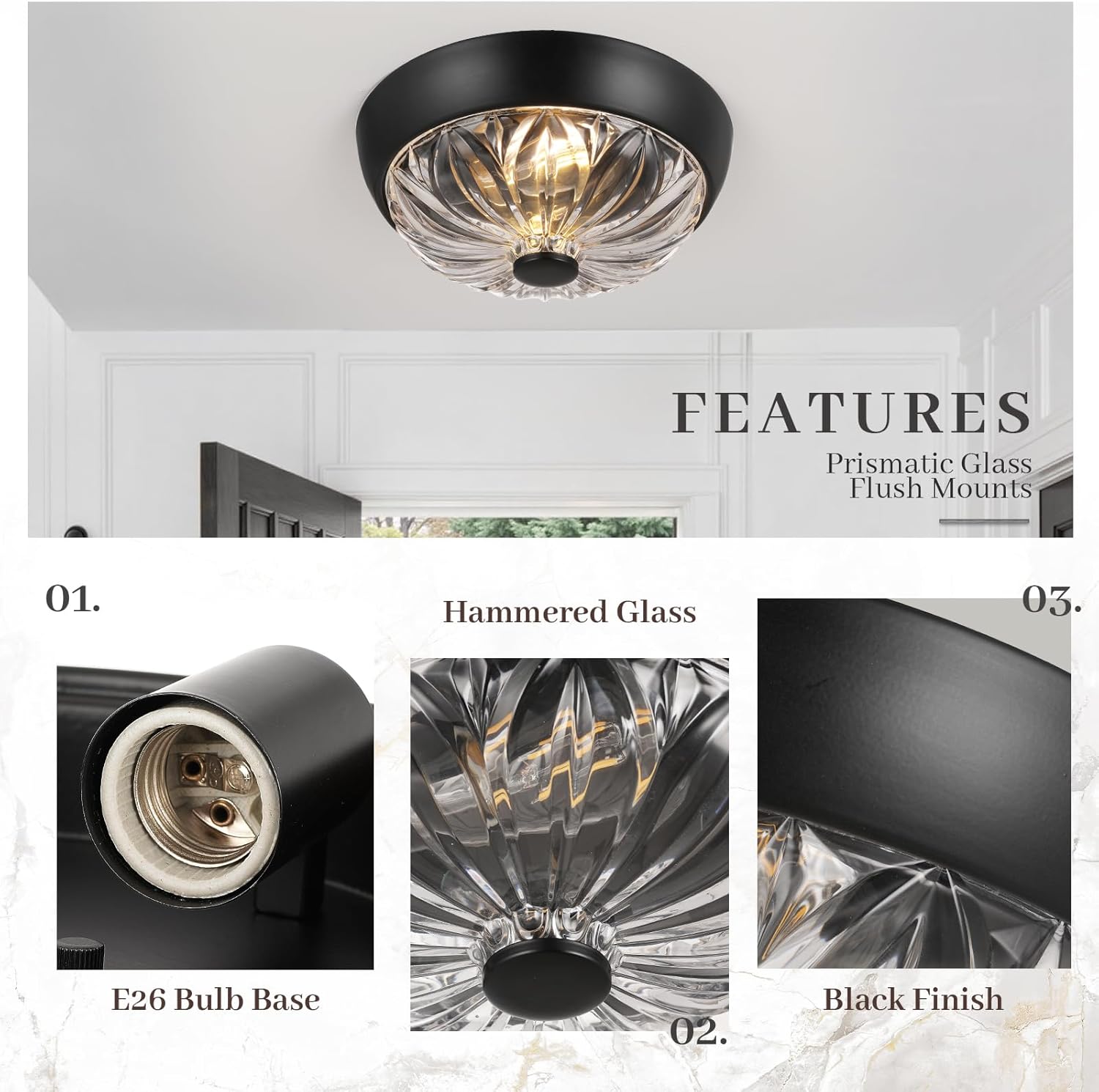 Black Semi Flush Mount Ceiling Light, 2-Light Modern Farmhouse Close to Ceiling Light Fixture, Aluminum Glass Indoor Outdoor Ceiling Lamp for Bedroom Kitchen Hallway