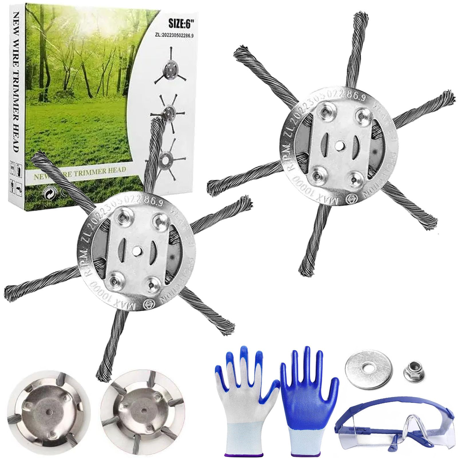 Universal Steel Wire Wheel Head Grass Trimmer Head, 6in Steel Wire Grass Trimmer Head, Fits Most String Trimmers for Moss Grass Rust Removal,Paving Stone,Pavement Joints or Driveway (6 Steel Wires*2)