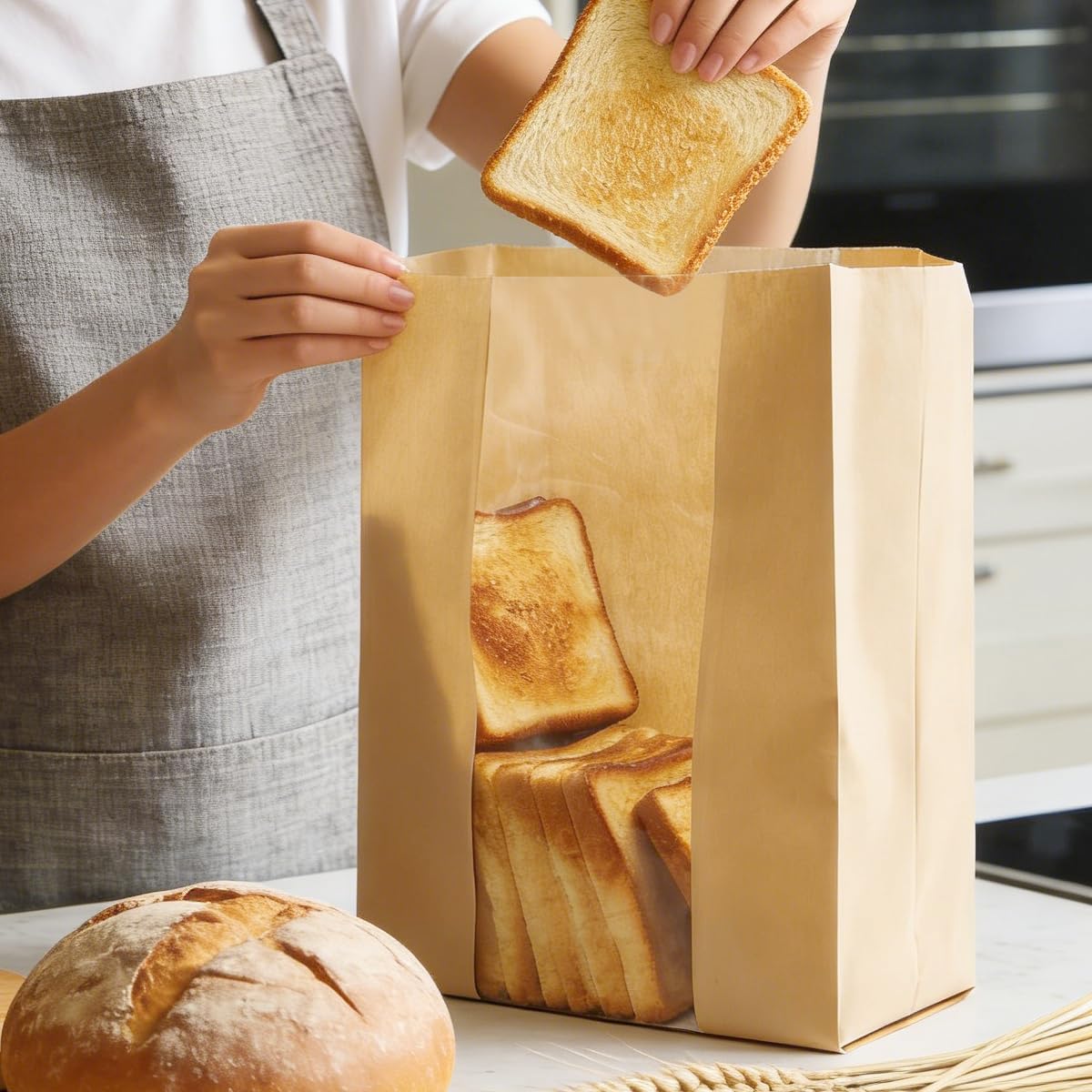 HiCivan Extra Große Papier-Brotbeutel Für Hausgemachtes Brot Mit Fenster Und Aufkleber Übergroßes Sauerteigbrot, Brot, Backwaren, Verpackung Zum Verschenken, Braunes Kraftpapier, 50