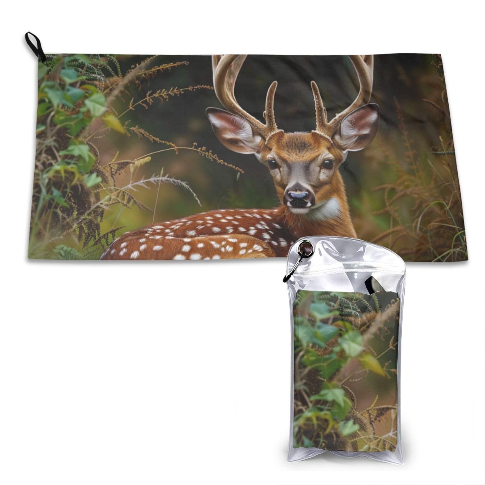 WPKJU Whitetail Deer Fawn in Wilderness Stag Printed Microfiber Quick Dry Towel 31.5x16in, Lightweight & Compact with PVC Pouch & Carabiner - for Beach, Camping, Gym, Travel & Home Use
