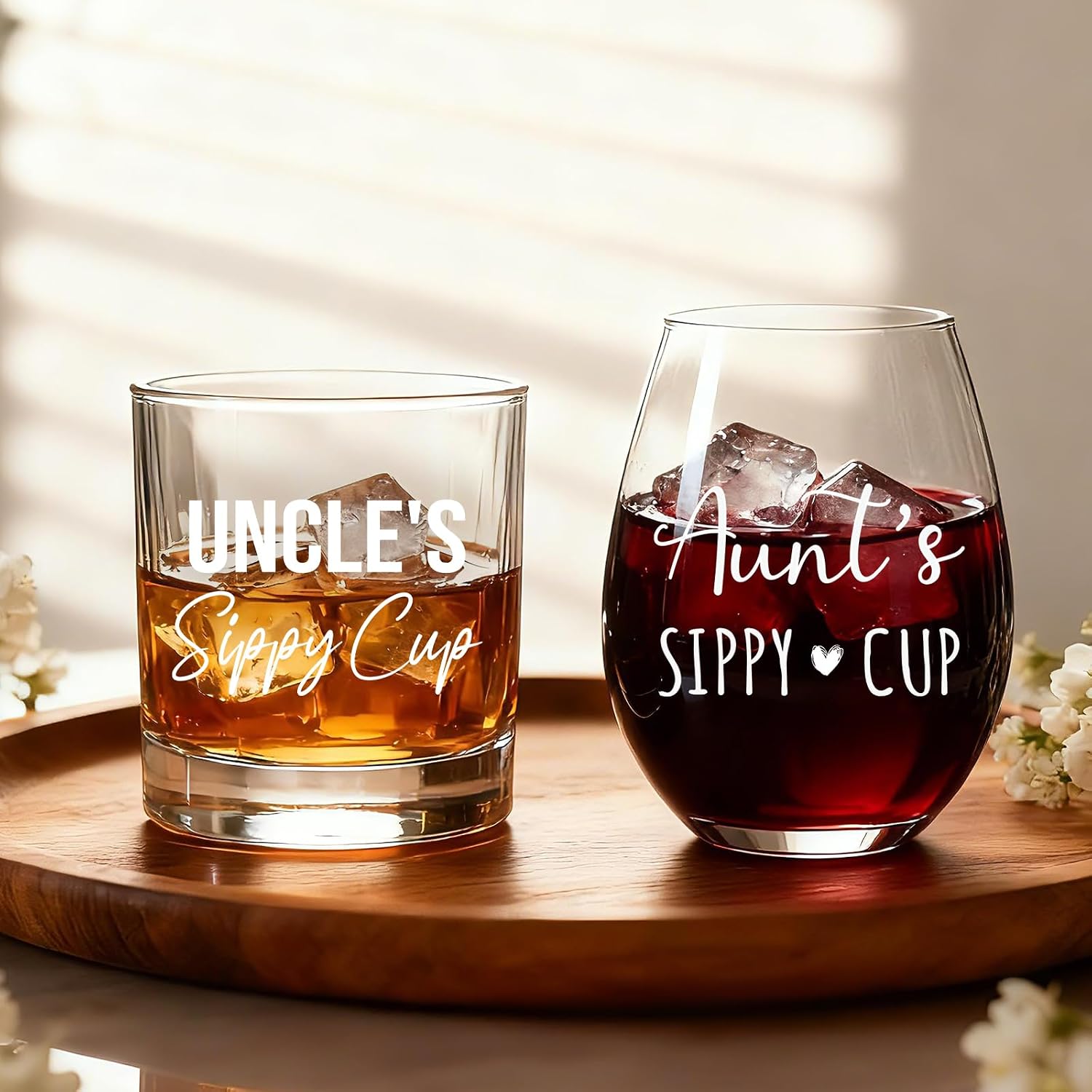 Aunt Stemless Wine Glass & Uncle Whiskey glass Set, Auntie's and Uncle’s Sippy Cup, aunt uncle Birthday glasses Gift Ideal from Niece Nephew, wine Glasses gift set for Soon to Be Aunts and uncles-92