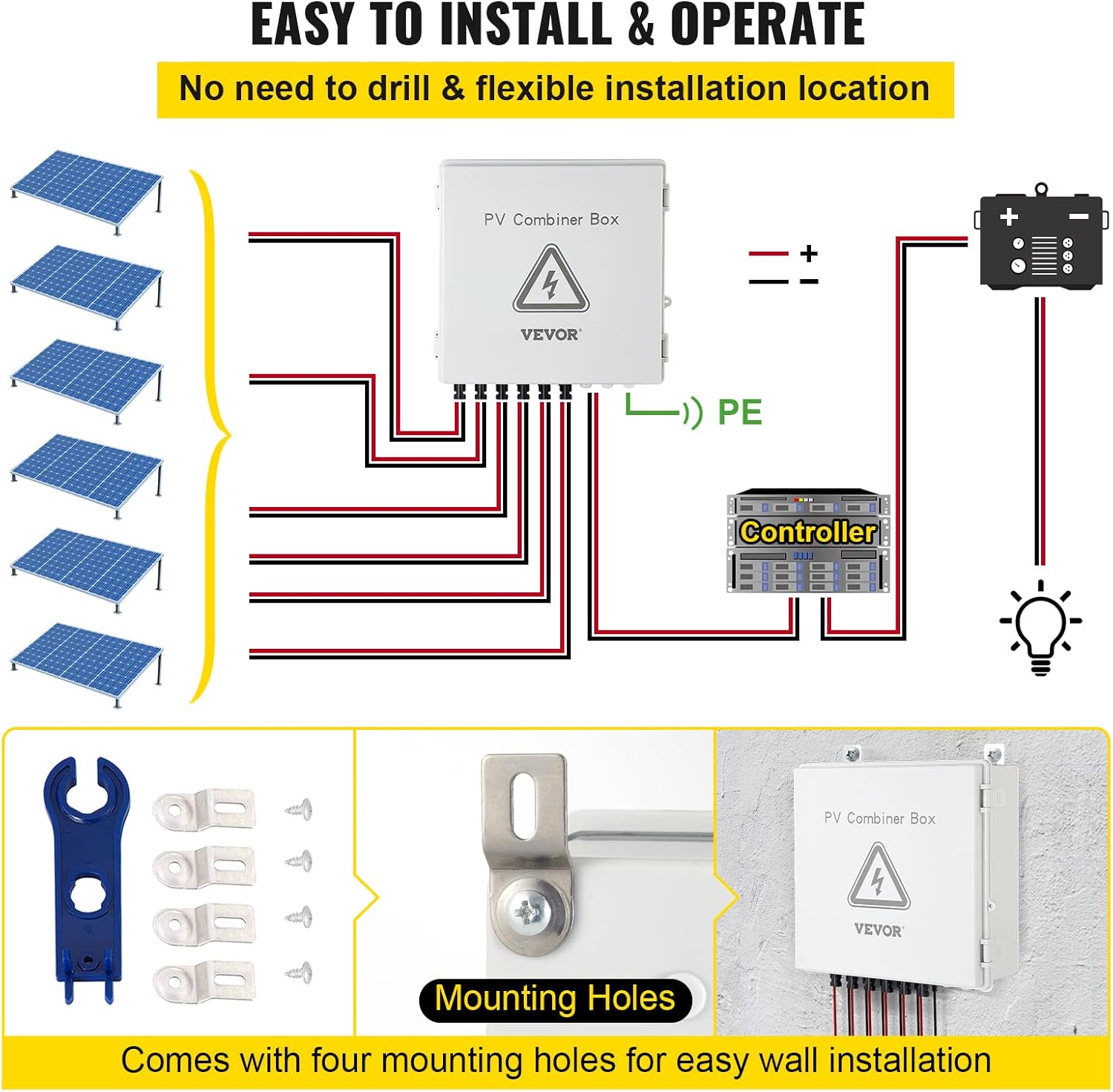 VEVOR PV Combiner Box, 6 String, Solar Combiner Box with 15A Rated Current Fuse, 125A Circuit Breaker, Lightning Arreste and Solar Connector, for On/Off Grid Solar Panel System, IP65 Waterproof : Patio, Lawn & Garden