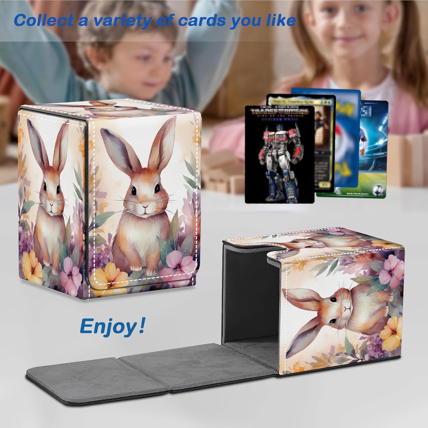 Card Deck Box for MTG Commander Trading Cards with Magnetic Closure,Premium Card Storage Box Case Cover for MTG TCG CCG Magic Cards,Cute Rabbit Flowers