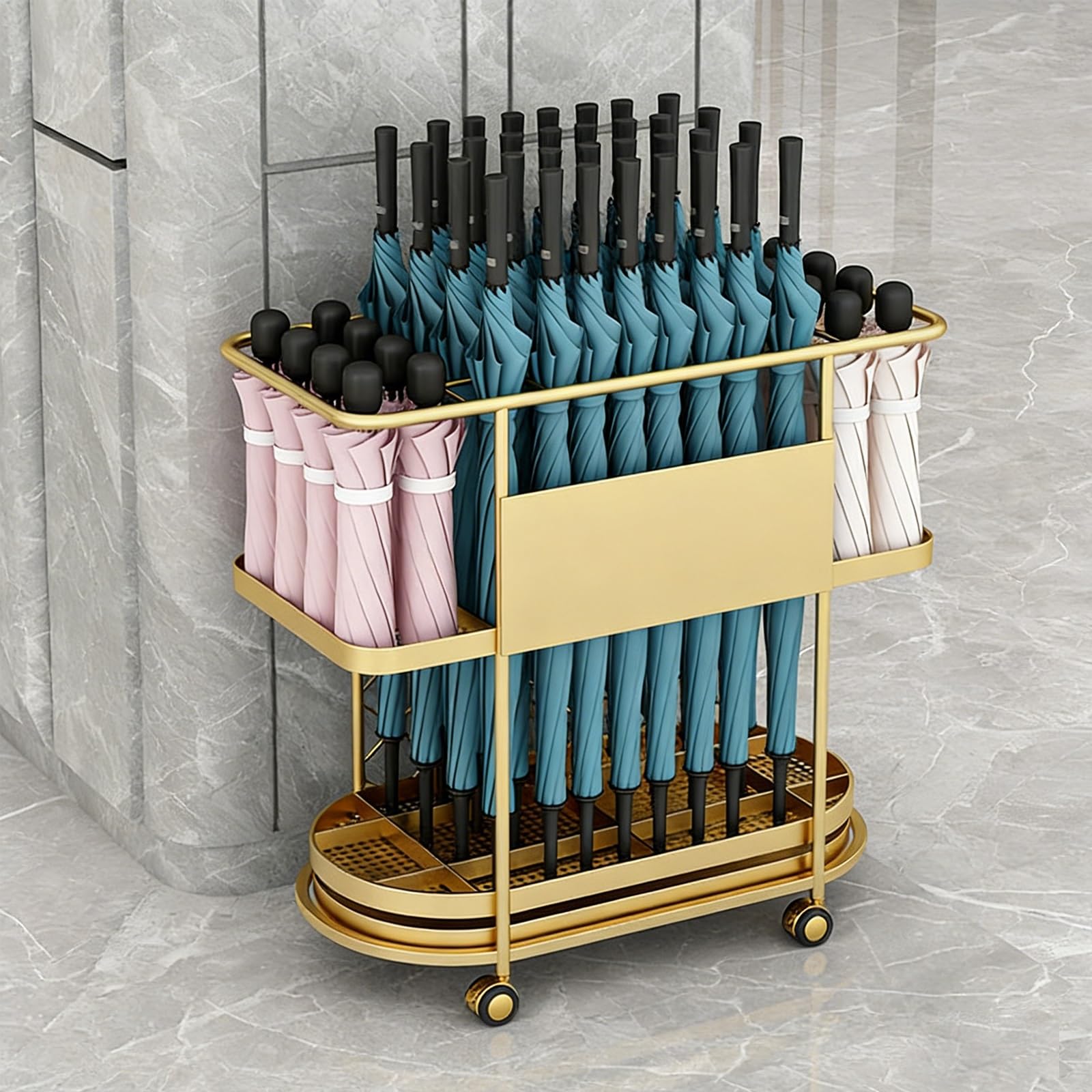 Porte-parapluies métallique à roulettes 2 niveaux pour grand espace