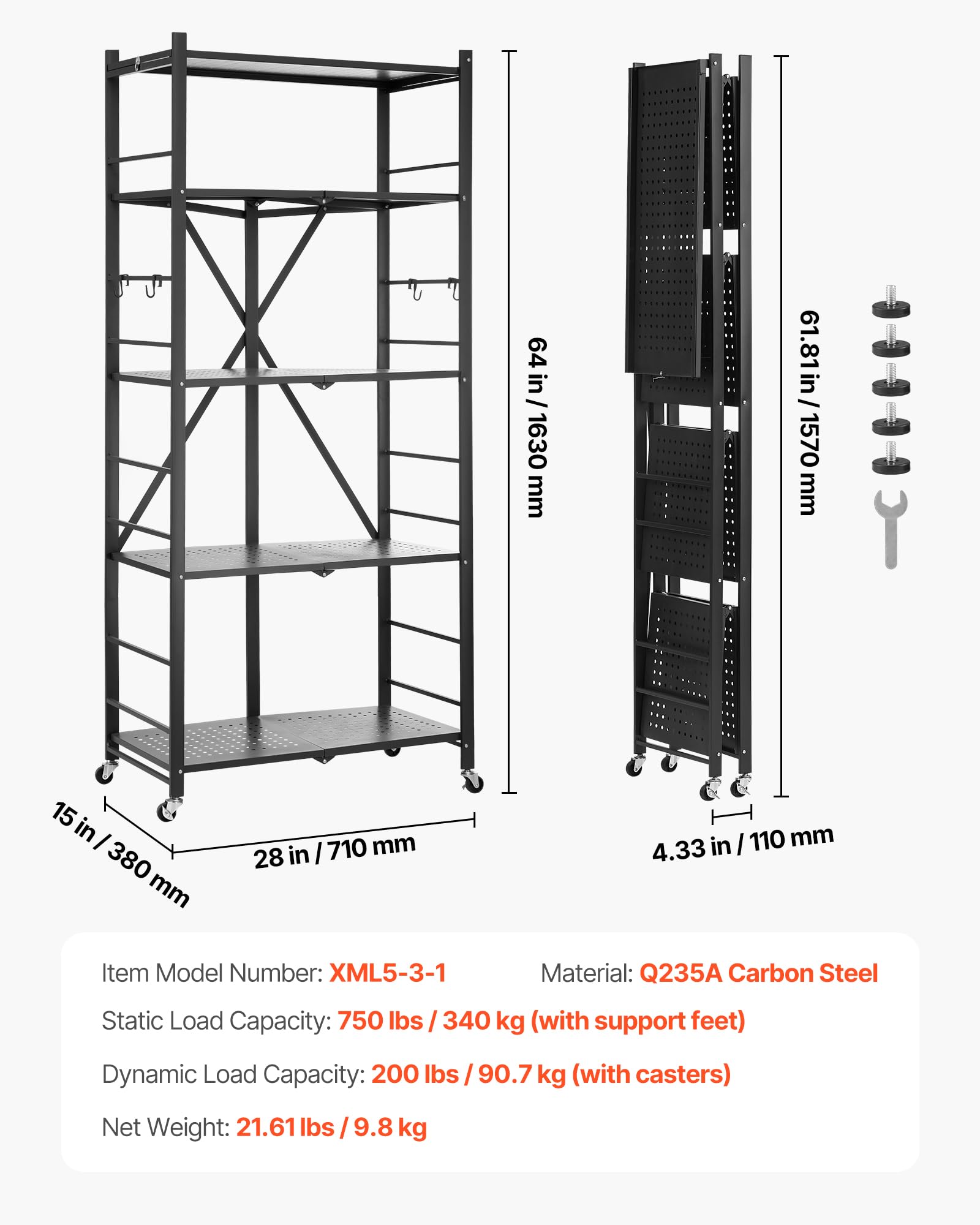 VEVOR Scaffale Portaoggetti Pieghevole a 5 Ripiani con Ruote, Scaffale in Metallo Pieghevole, Robusto Resistente Senza Montaggio, Ideale per Garage, Cucina, Cantina Nero 380 x 710 x 1630 mm