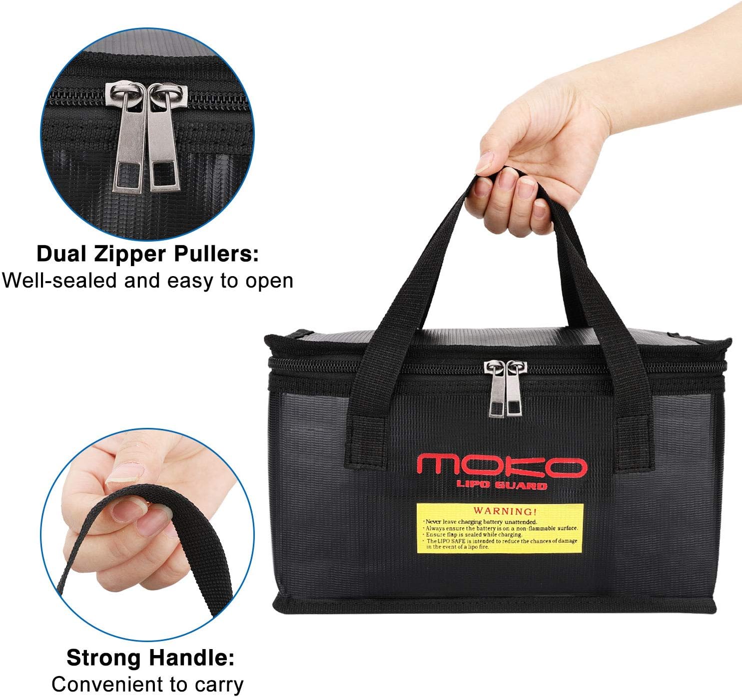 MoKo Fireproof Explosionproof Battery Safe Bag, Storage Guard Safe Sleeve Bag for Lipo Battery Storage and Charging, Zipper Closure for Maximum Protection - Black