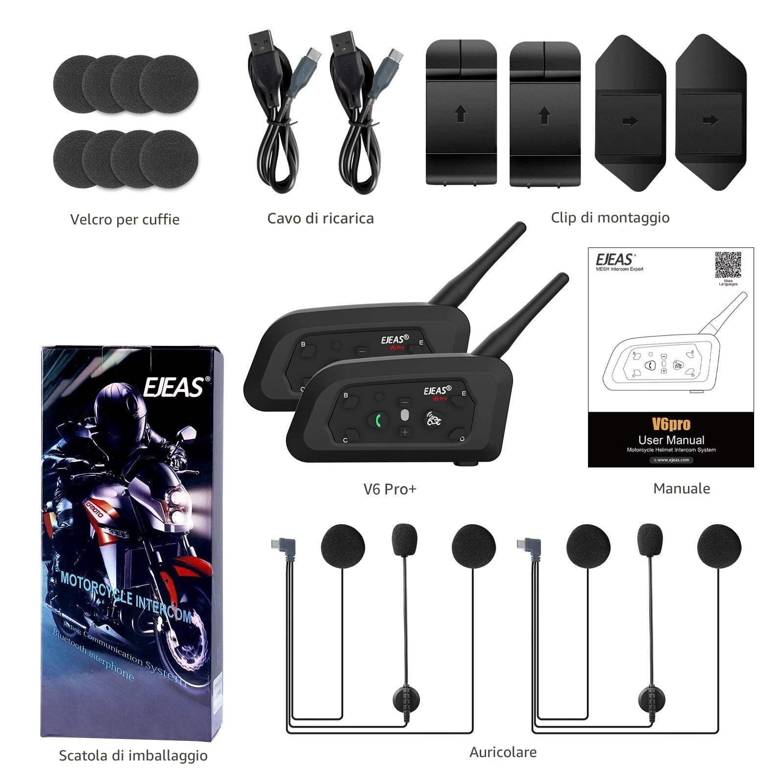 EJEAS V6 Pro+ Interfono Bluetooth per Casco Moto, Sistema di Comunicazione Bluetooth 5.1, Interfaccia Tipo C, 2 Confezione