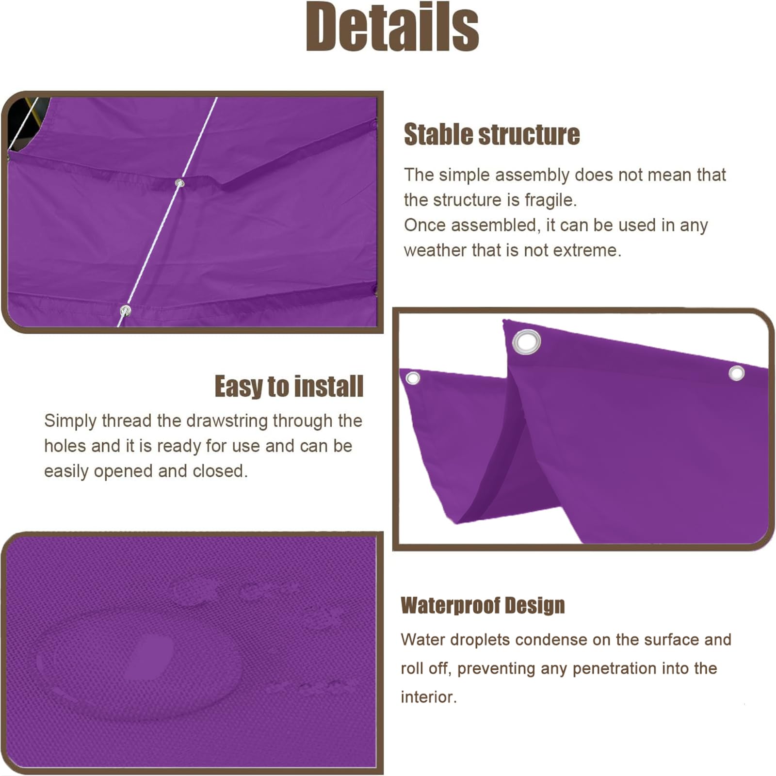 Toldo Corredero 1.2 x 15 m Impermeable, 98% Rayos UV Resistente Al Desgarro, Toldo de Tela Sombra, Terraza Vela Sombras, con Ojales y Cuerdas para Balcon, Patio, Morado