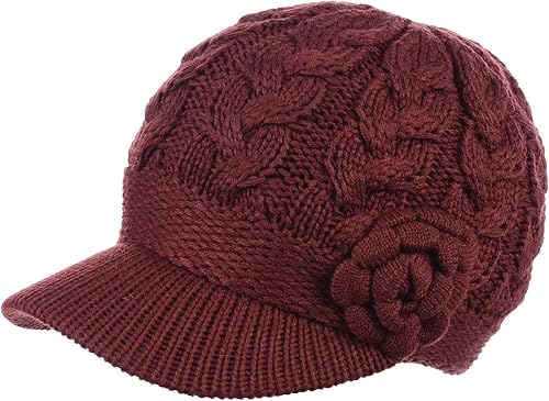 BYOS - Gorro de punto de ganchillo con forro polar cálido para mujer, con visera