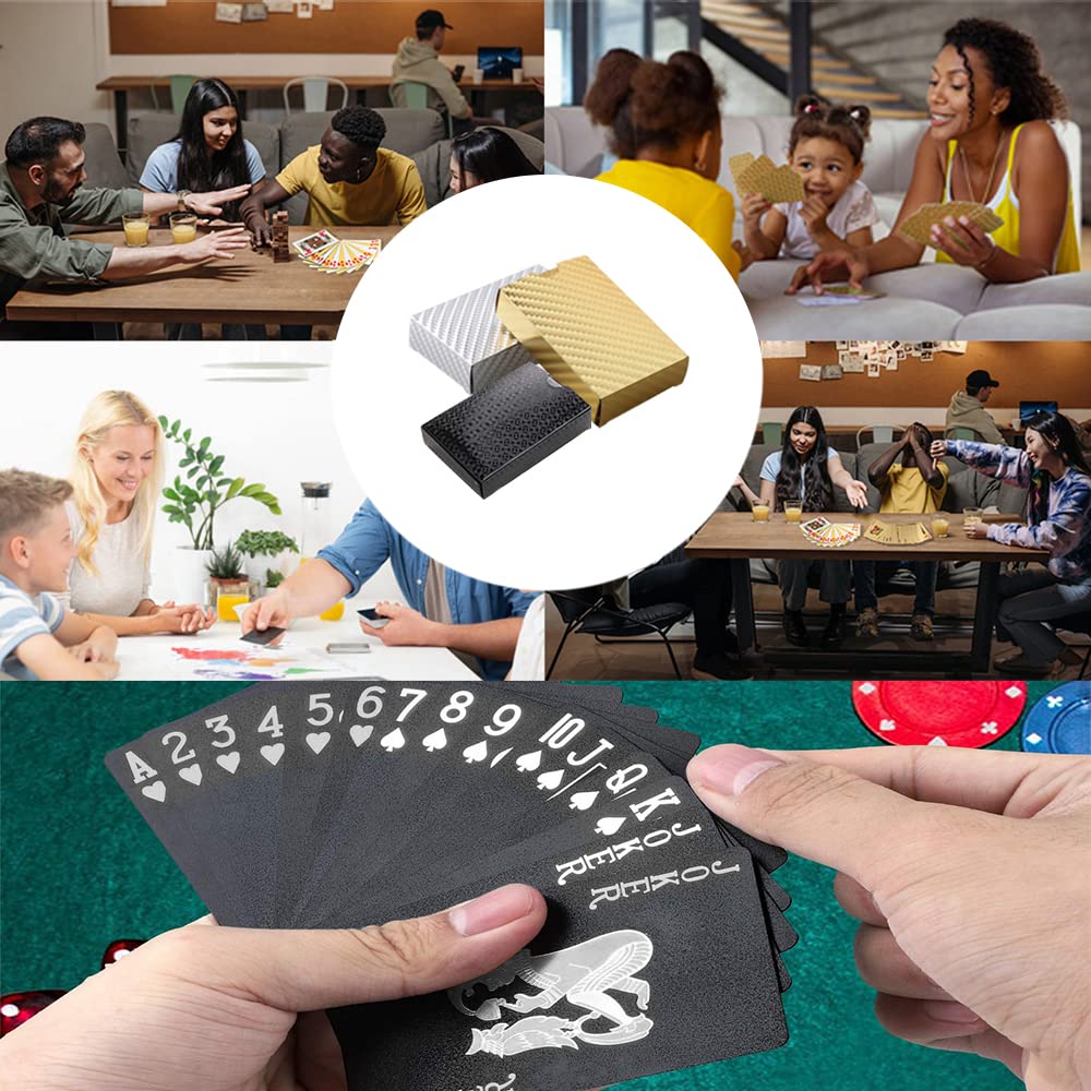 3 Pièces Cartes à Jouer Plastique, Jeu Carte Etanche, Jeux de Carte Poker Plastique, Cartes à Jouer de Jeu de Fête de Famille, Jeux de Cartes Poker, Feuille d'or/Feuille Noire/Feuille d'argent
