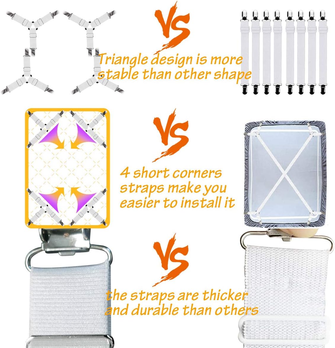 Ultrashang Bed Sheet Straps Fasteners: 2-Set White Elastic Triangle Adjustable Fitted Sheets Holder Clips Suspenders Grippers for Crib Mattress Pad