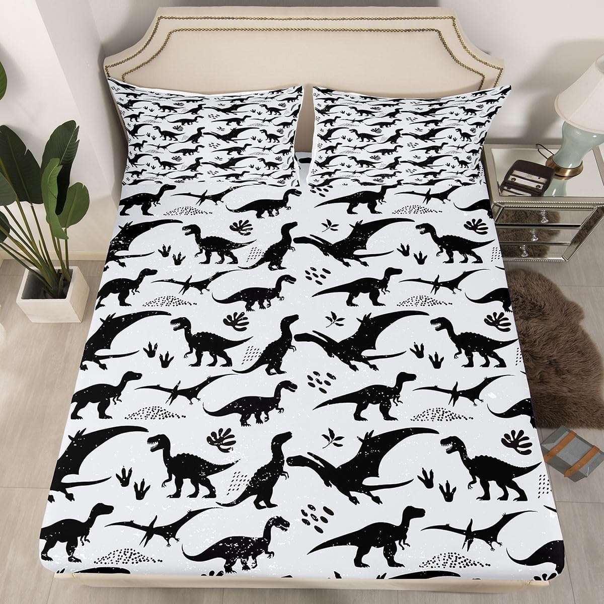 Dinosaur Silhouette Fitted Sheet Queen Size Dinosaurs Paws Bedding Set Cartoon Animals Sheet Set,Black Gray Bed Cover Ultra Soft Breathable Bedding 3 Pcs for Kids Teens Boys