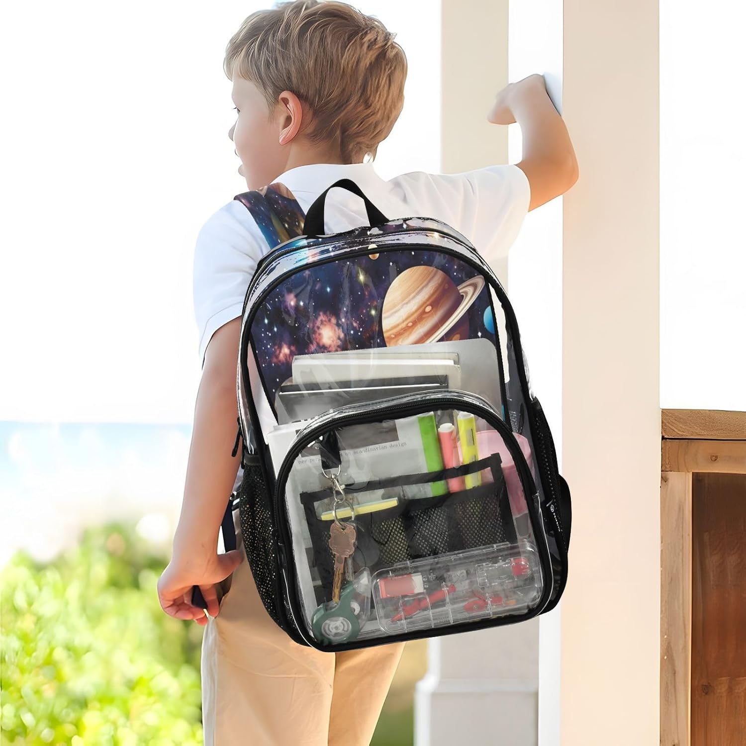 Planets Space Clear Backpack, Heavy Duty Transparent Bookbag for Kids, School, Stadium Approved