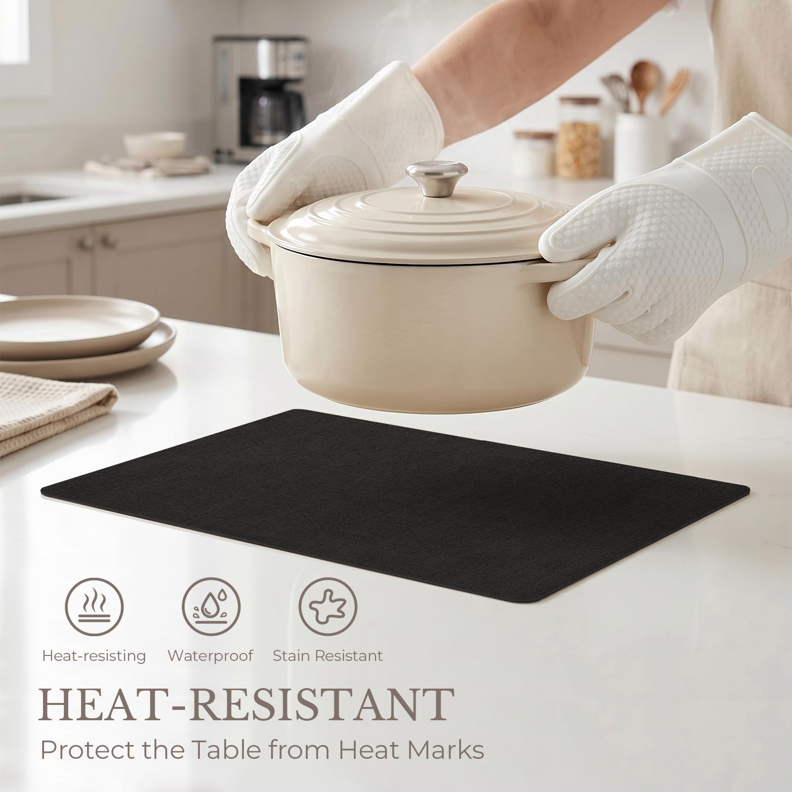 Romanstile Vinyl Placemats Set of 6-12 X 18 inch - Heat Resistant Place Mats 100% Waterproof Oilproof Wipeable Reversible Faux Leather Table Mats for Kitchen/Dining/Party/Holiday, Black