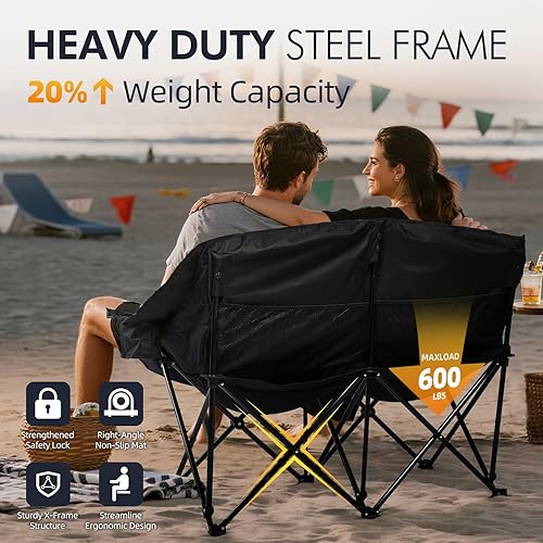 Miniatura 5 de Silla doble de camping biplaza  Sofá de campamento de gran tamaño para 2 personas para adultos, acolchado, resistente, al aire libre, césped, playa,