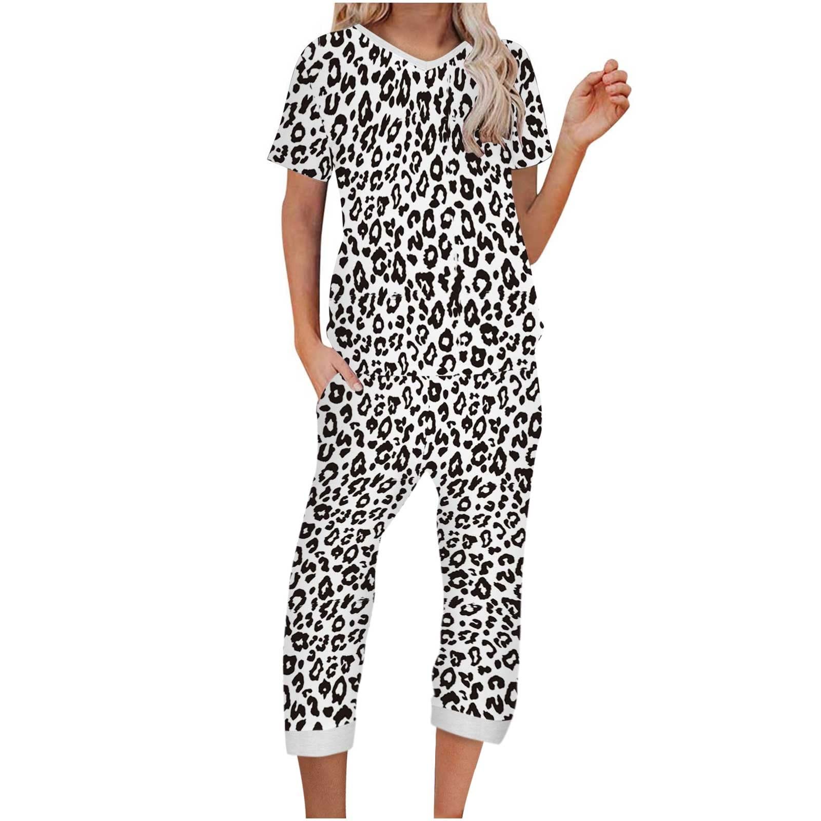 2 Piece Sets for Women Summer Pajama Sets Leopard Print 2 Piece Outfits Sleepwear Short Sleeve Tops ＋ Capri Pants,Womens Loungewear Sets