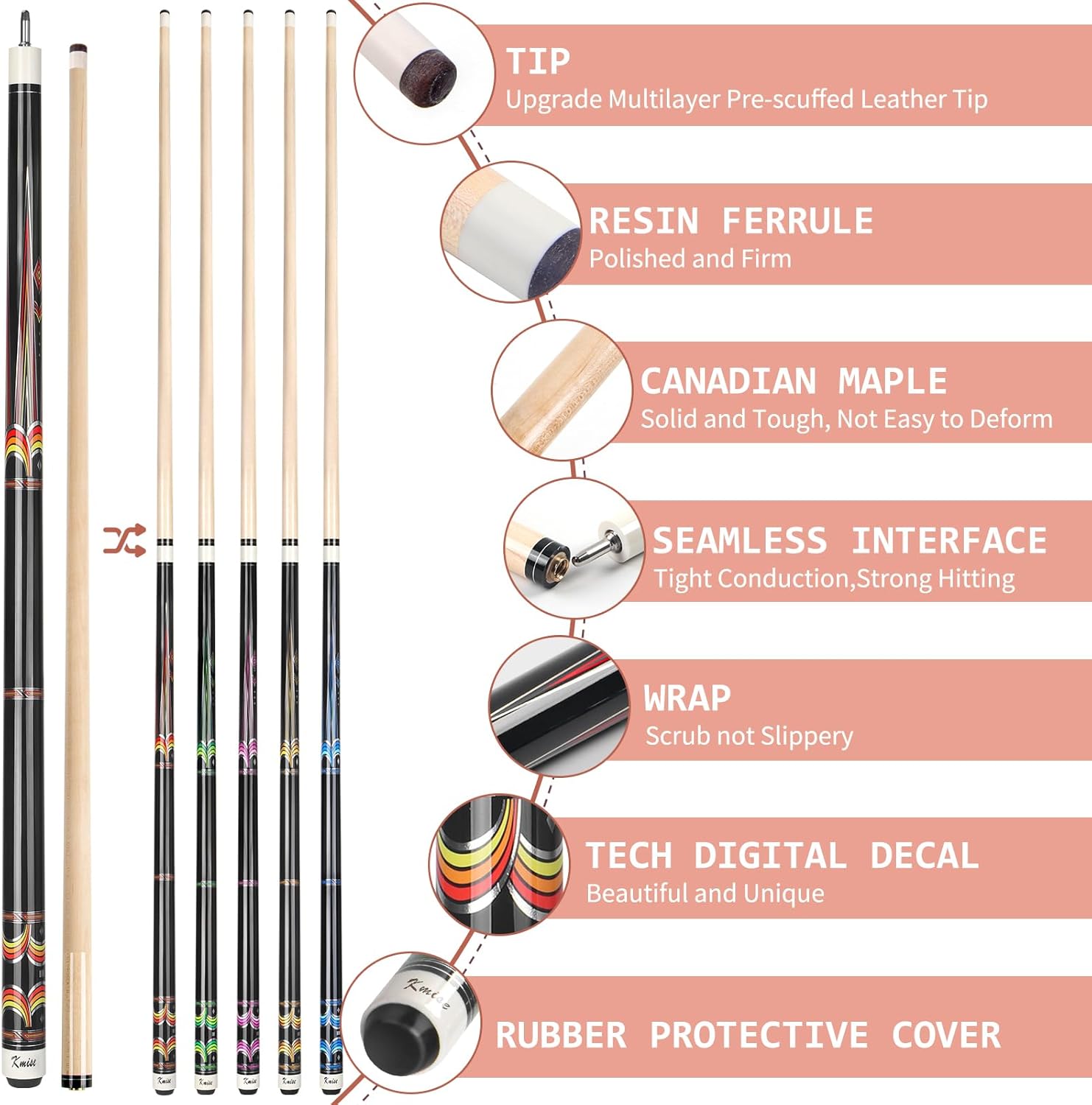 Kmise Pool Stick Set of - 58" Pool Cue Stick, Canadian Maple Professional Billiards Pool Cue, Pool Sticks for Adults, 18~21oz Multiple Colors