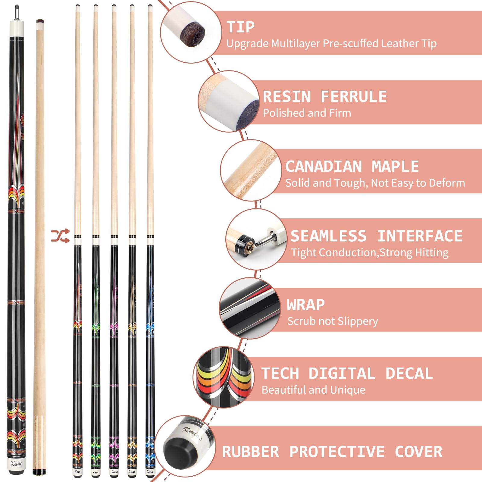 Kmise Lot De 5 Quilles De Billard Professionnelles En érable Canadien De 147,3 Cm Pour Bar, Maison, Table De Billard, Sport, 50,7 à 595,3 G, Plusieurs Couleurs