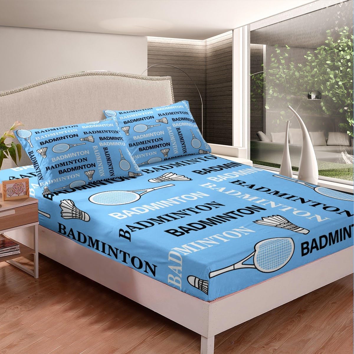 Badminton Boys Fitted Sheets Full Size,Badminton Racket Bedding Set 3Pcs for Kids Teens Men Room Decor,Sport Theme Bed Sheets Fashion Blue White Deep Pocket Sheet,2 Pillowcases