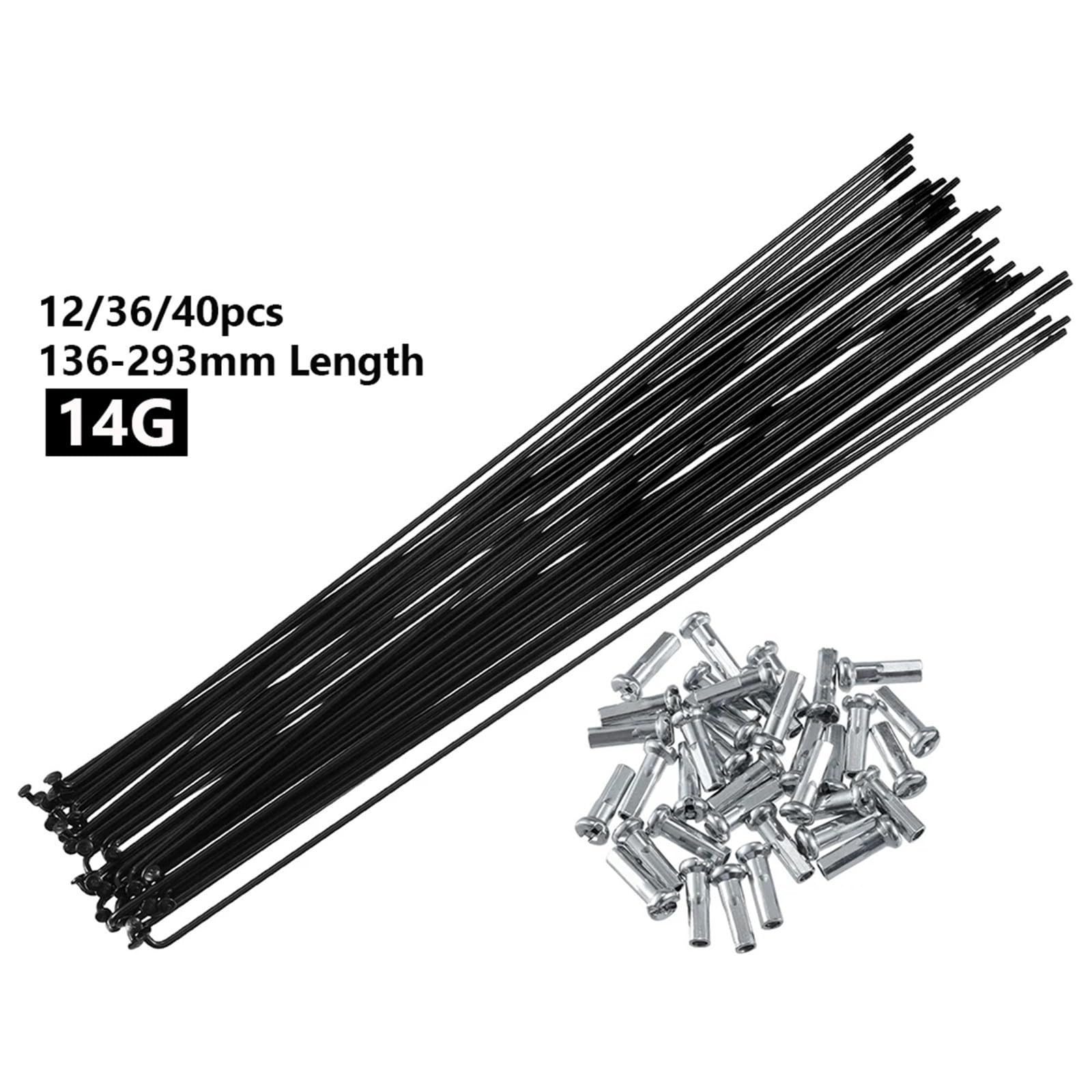 14G J-Bend per raggi della bicicletta (136 mm-293 mm) - Raggi a testa dritta in acciaio nero con nippli - raggi di ricambio per MTB, bici da strada e pendolari