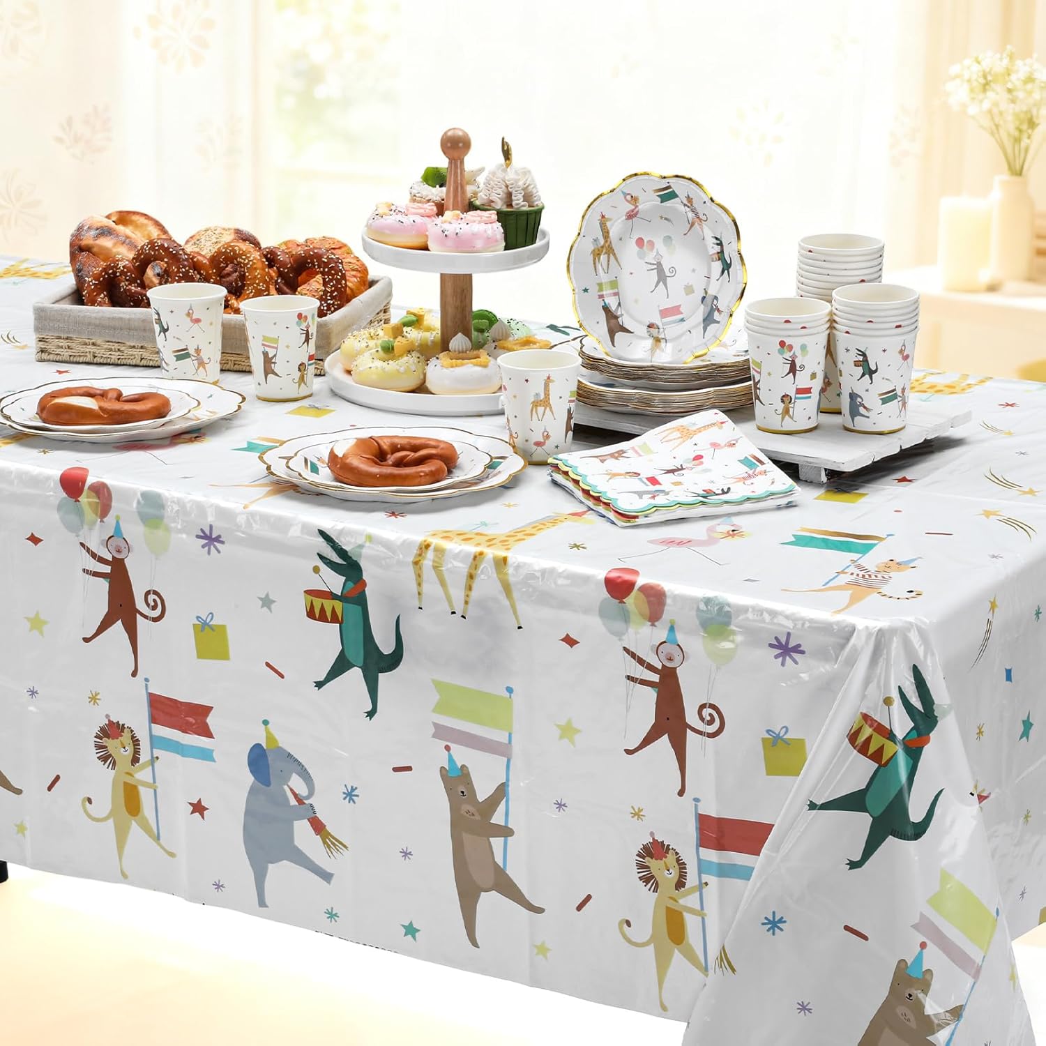 Maxdot 6 Pieces Animal Parade Party Tablecloths 108 × 54 Inch Safari Theme Table Cover, Plastic Disposable Table Cloth Zoo Party Supplies for Jungle Baby Shower, Animal Themed Birthday Decorations