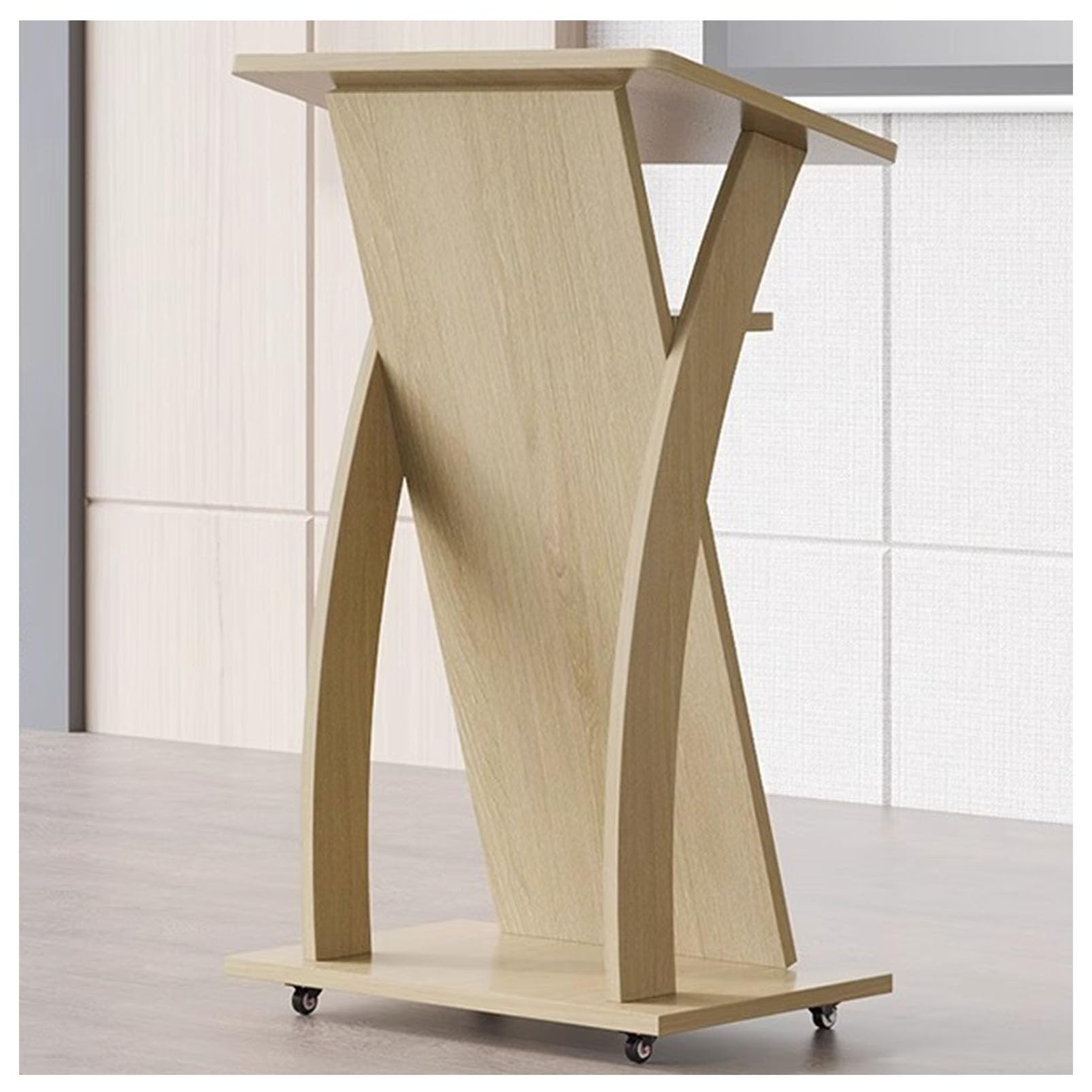 Atril de madera con ruedas para presentaciones dinámicas en conferencias 1
