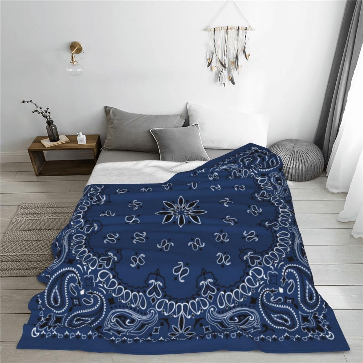 Home Decor Throw Blanket, Blue Paisley Bandana Scarf Classic, Warm Soft Cozy Flannel Bed Blankets for Bed, Couch, Sofa and Chair, All Seasons Suitable, 80x60 inches - Image 4