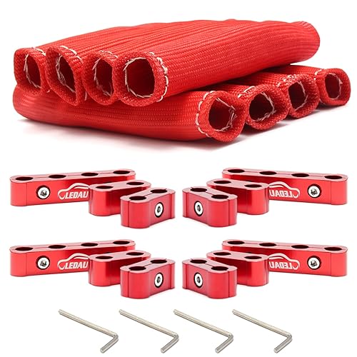 LEDAUT Protector de calor rojo para bujías de 8 ciclos y 12 piezas separador de cables de bujía de motor, manga aislante, protector de alambre de