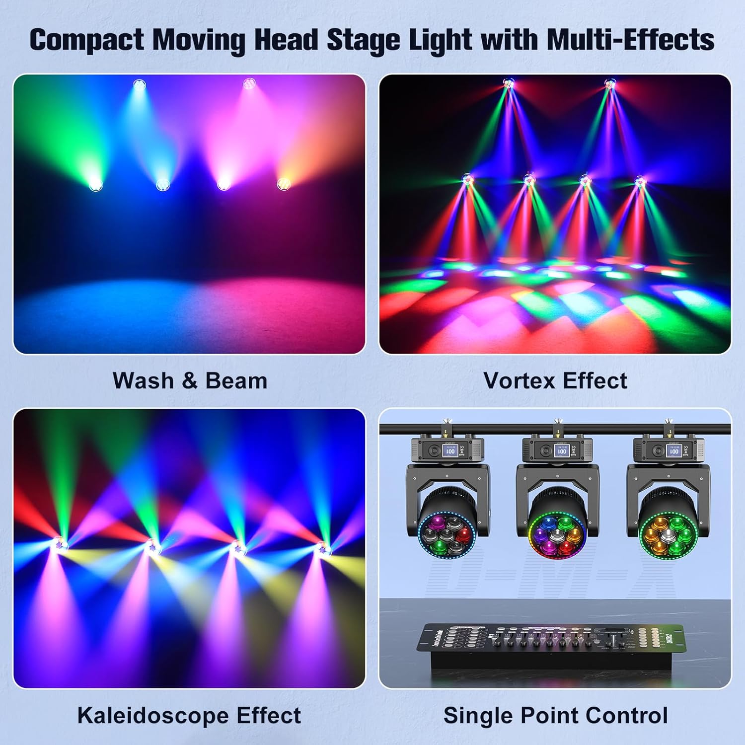 Examples of Wash & Beam, Vortex, Kaleidoscope, and Single Point Control effects