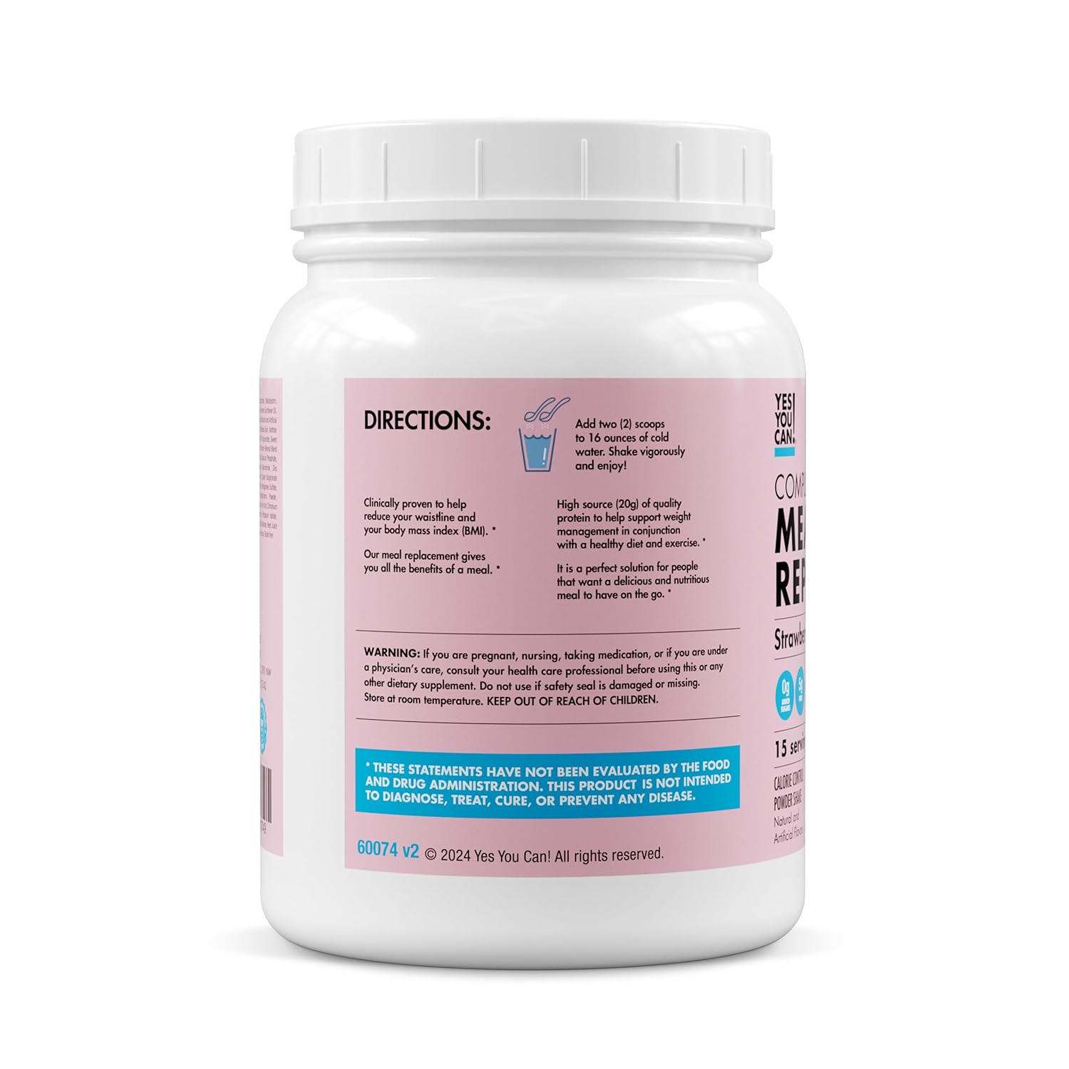 Yes You Can! Complete Meal Replacement - 15 Servings (2 Pack), 20g of Protein, 0g Added Sugars, 22 Vitamins and Minerals - All-in-One Nutritious Meal Replacement Shake (Strawberry)