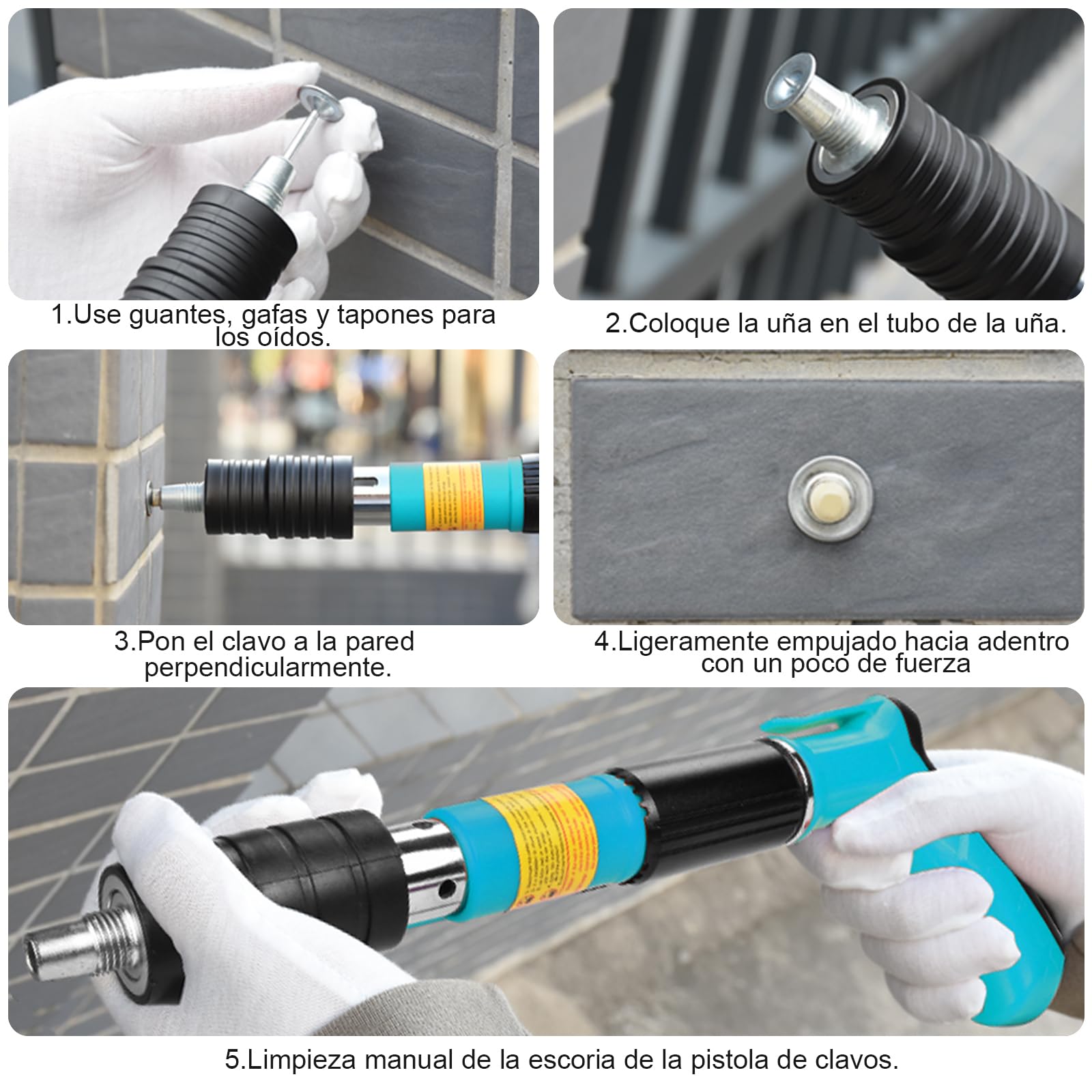 Pistola de Clavos Manual Clavadora Pistola Clavos Hormigon con 220Clavos Pistola de uñas Acero Ajustable de 5 Velocidades con Silenciador Nail Gun Clavadora cemento para Pared Acero Cementode Concreto