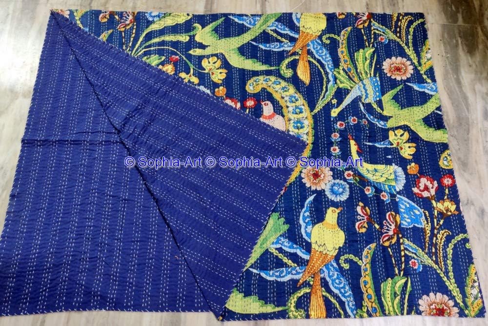 Sophia-Art Indian Handmade Bird Peacock Print Cotton Kantha Quilt Bedspread Ethnic Throw Coverlet Blanket Bohemian Decorative Bedding Hippie Bed Cover (Blue, 108x108 Inches with sham Cover)