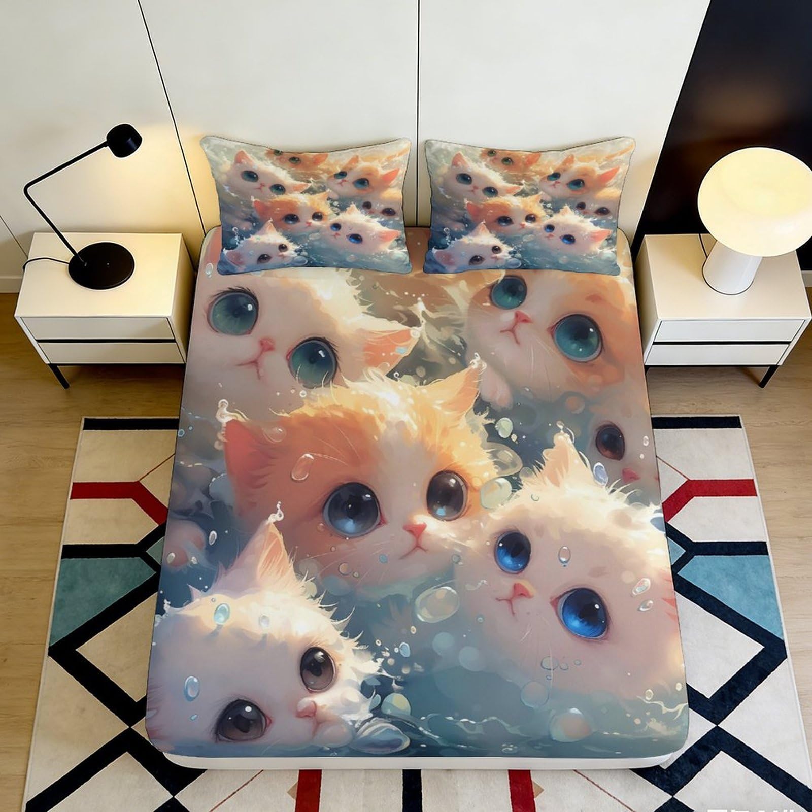 3D Printed Cute Cat Pattern Fitted Sheet Microfiber Soft Breathable Adorable Kittens Bed Cover for Bedroom Dormitory Guest Room Mattress Protection Decor 90x200x25cm