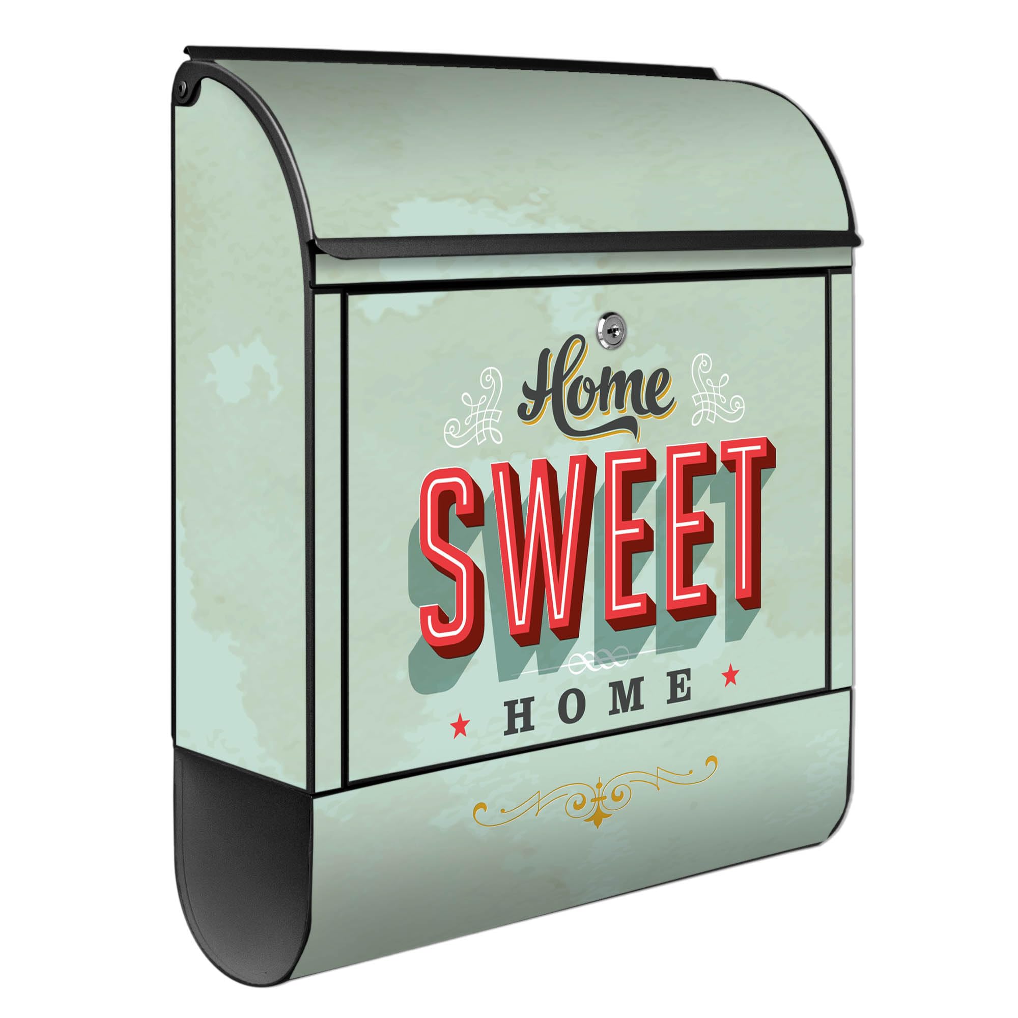 banjado Design Briefkasten 38,5x46,5x13cm & 2 Schlüssel - Briefkasten Stahl Schwarz mit Zeitungsfach pulverbeschichtet - Postkasten A4 Einwurf inkl. Montagematerial - Motiv Home Sweet Home